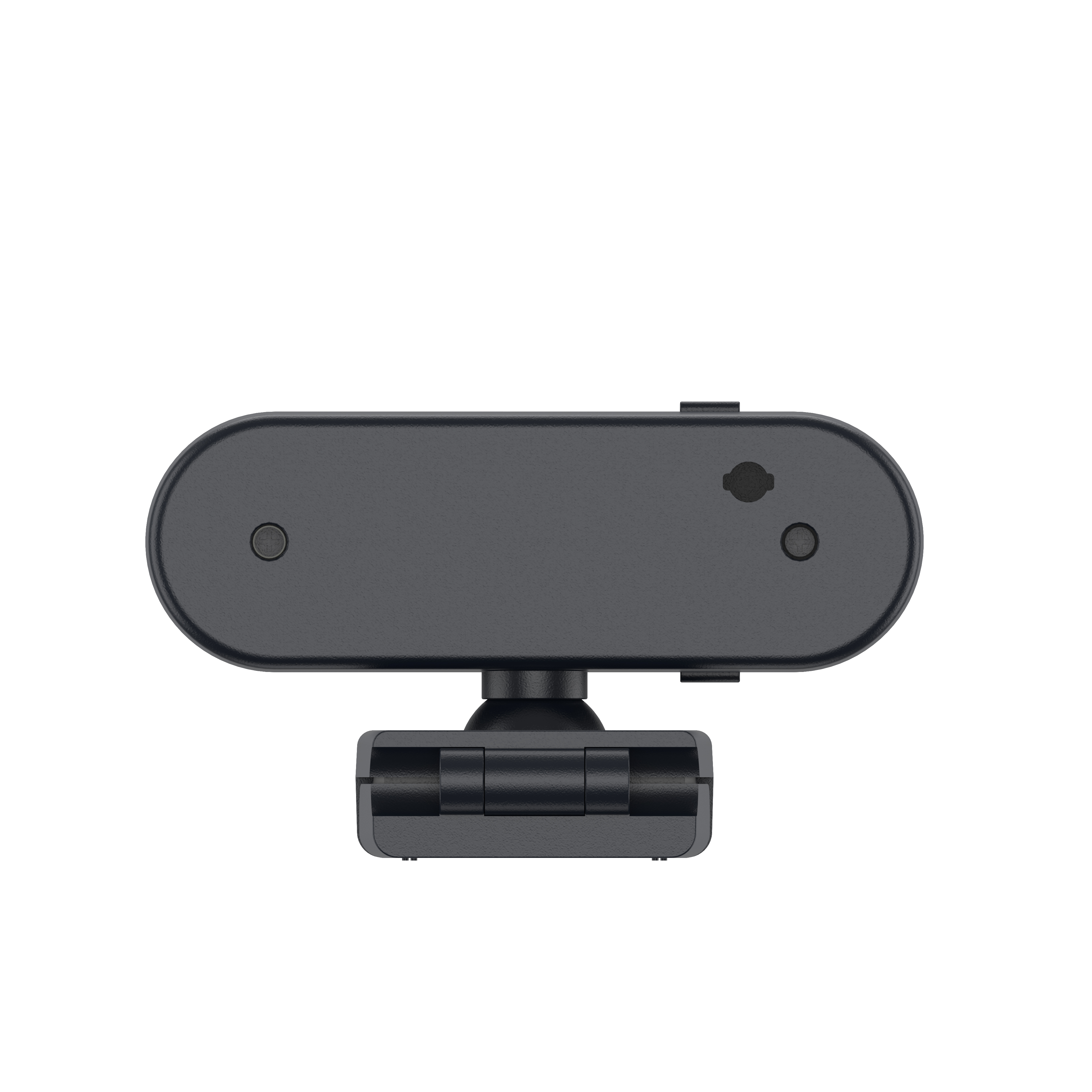 Eine schwarze Webcam, von oben gesehen, auf weißem Hintergrund. Sie hat eine abgerundete rechteckige Form.