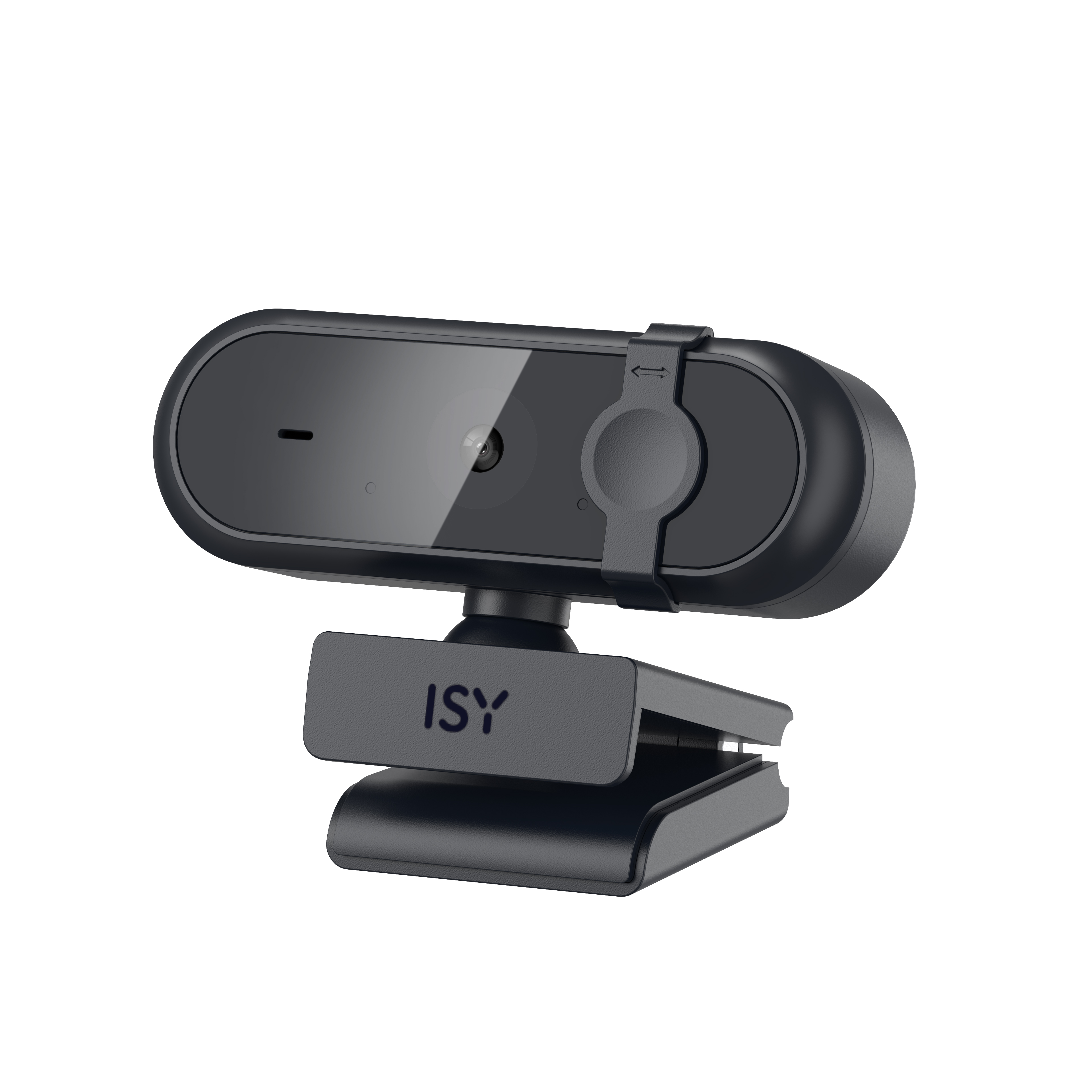 Eine schwarze ISY-Webcam. Sie hat ein Objektiv, einen Clip und das ISY-Logo. Der Hintergrund ist weiß.