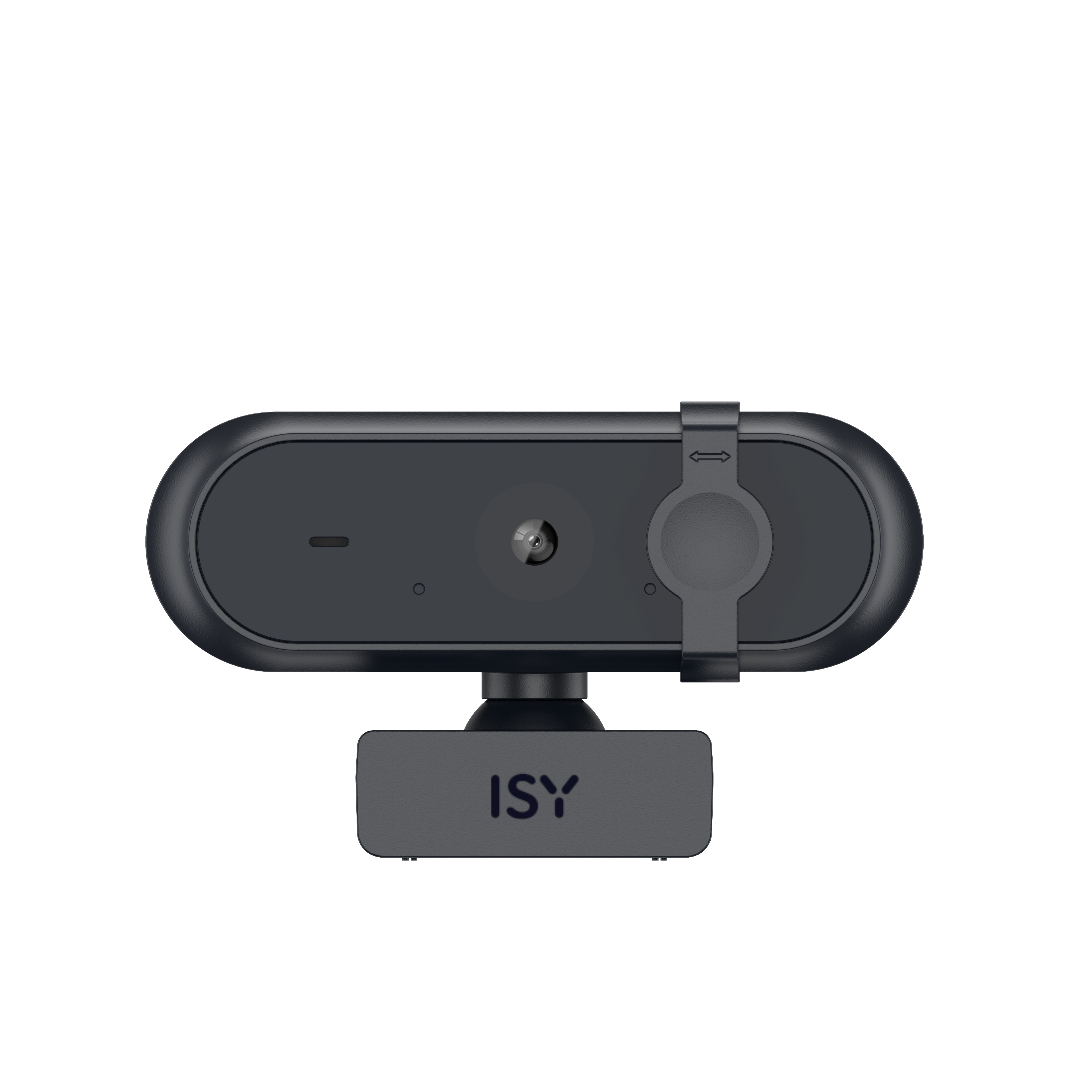 Eine schwarze Webcam mit Objektiv, Mikrofon und ISY-Logo auf weißem Hintergrund.