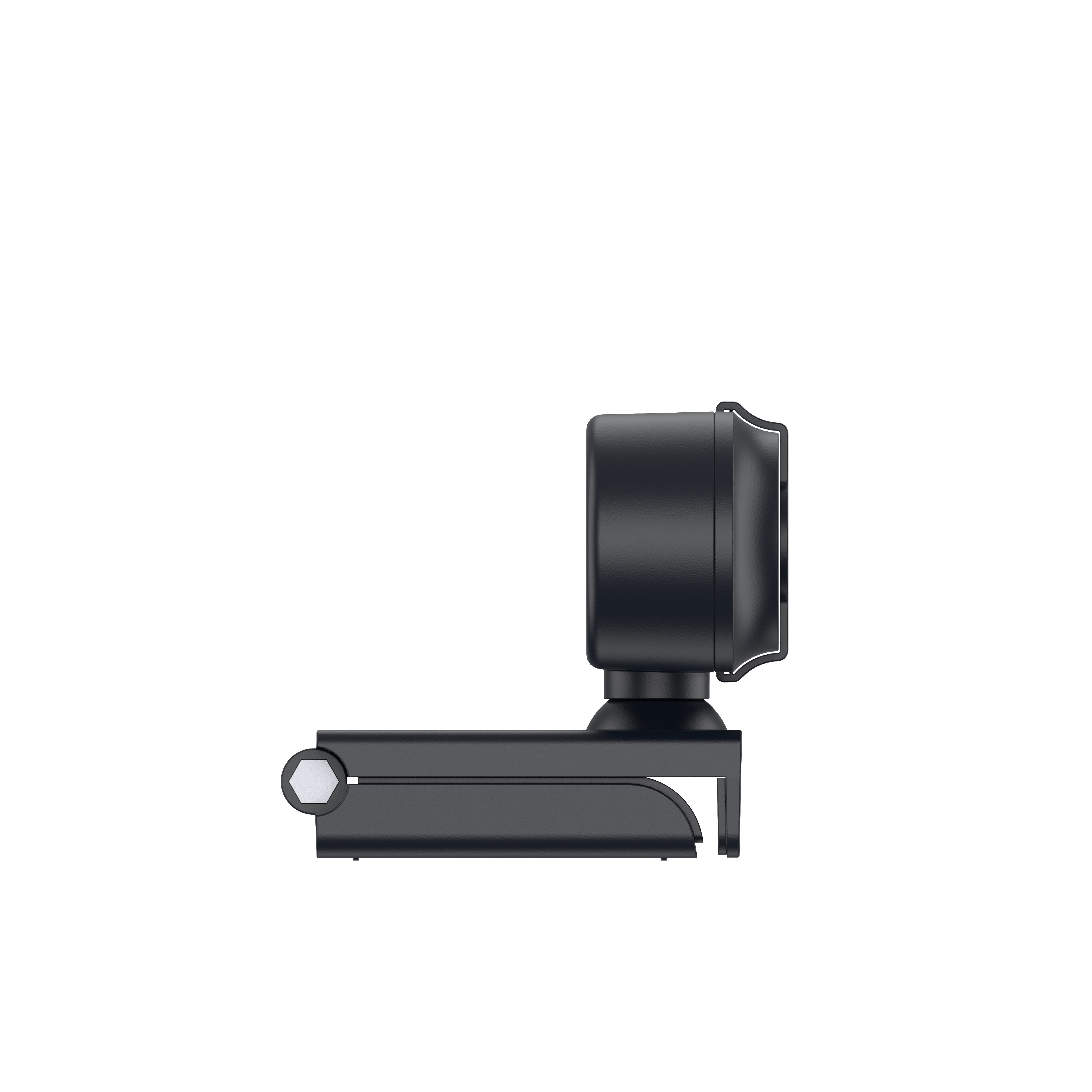 Eine schwarze Webcam auf weißem Hintergrund. Die Webcam ist auf einem Ständer montiert.