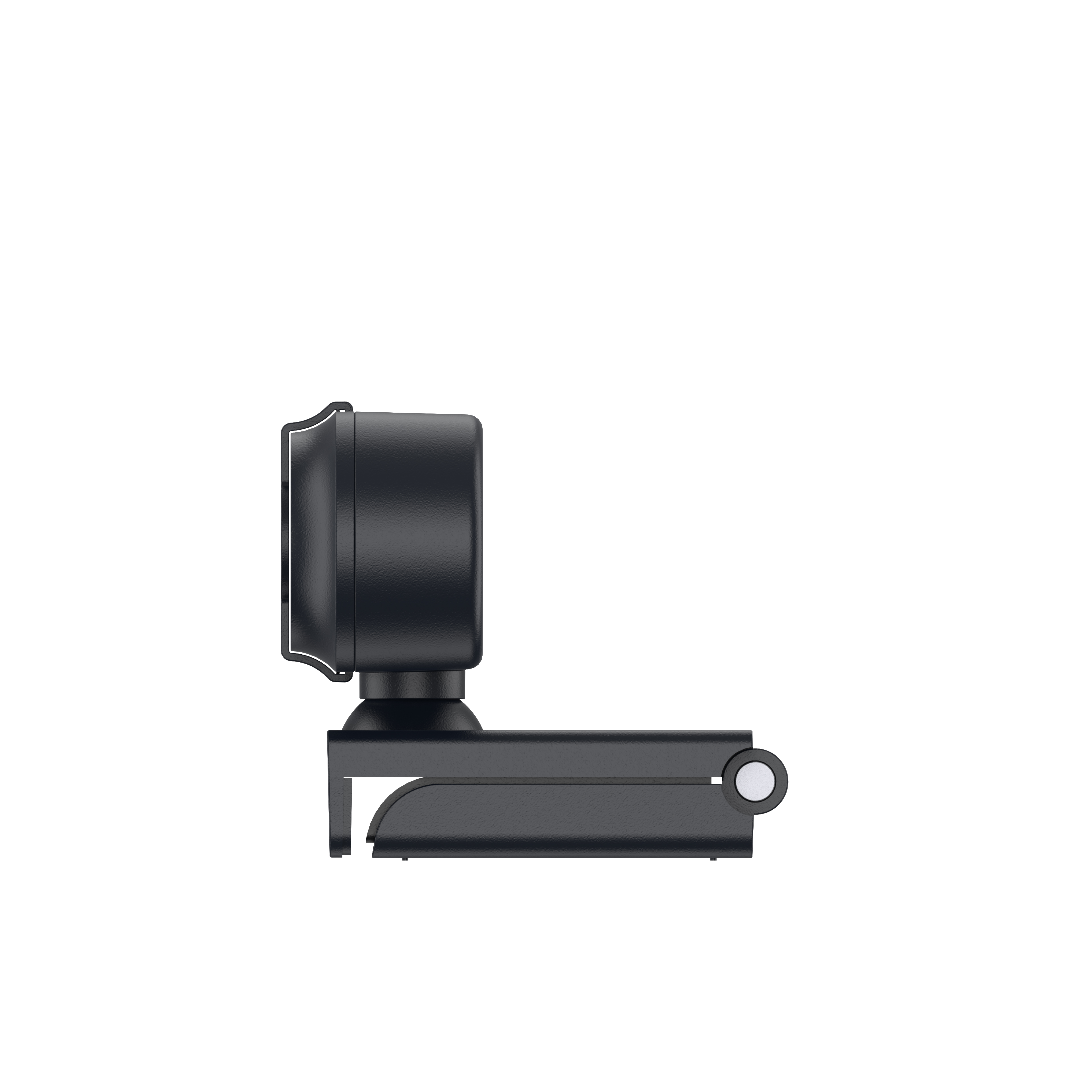 Eine schwarze Webcam auf weißem Hintergrund. Sie besteht aus Kunststoff und hat einen Clip.