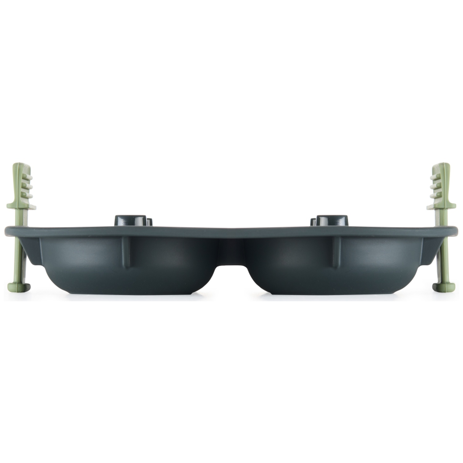 A dark gray plastic tray with two sections, supported by green legs at the sides. The background is white.