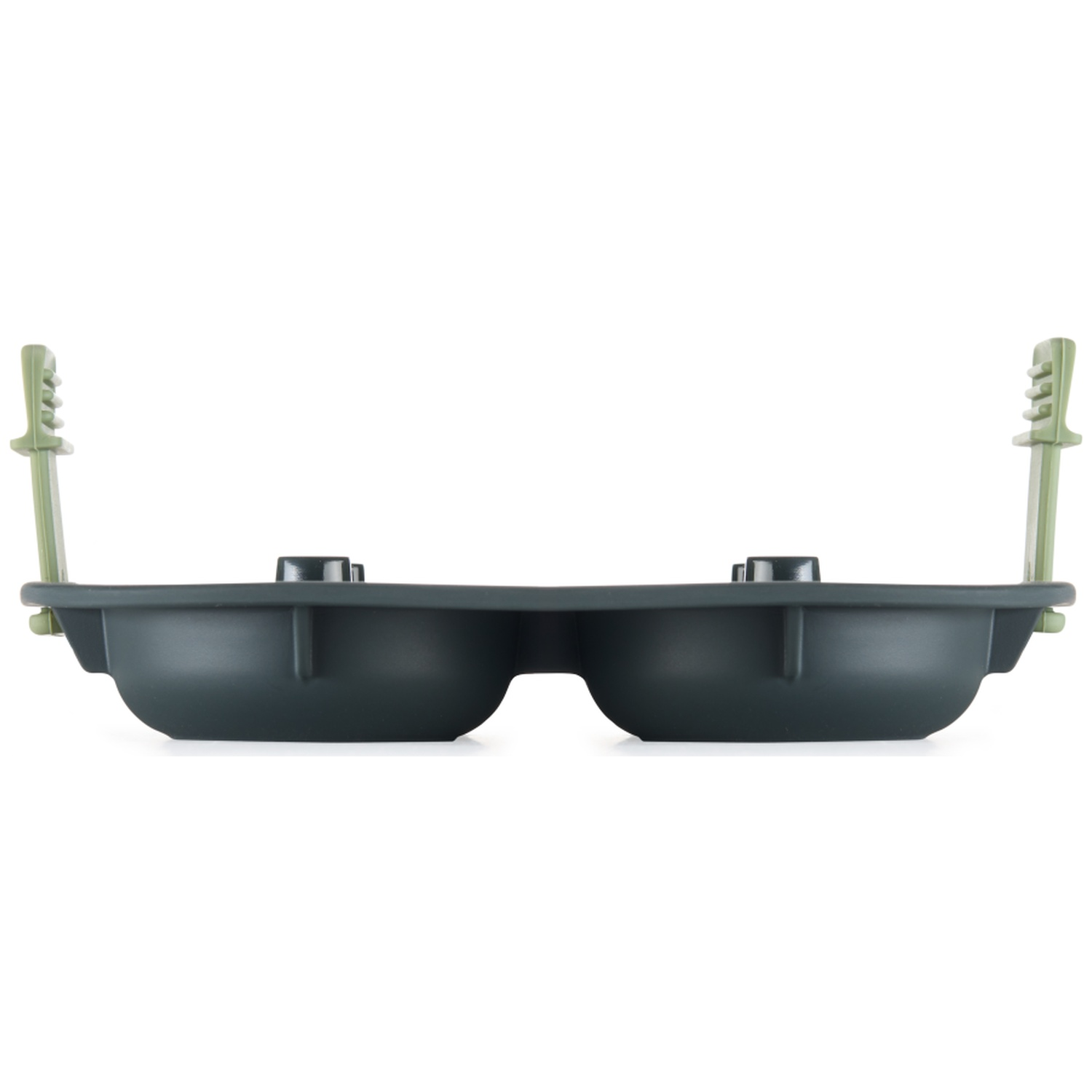 Dark gray planter with two compartments and green support arms. White background.