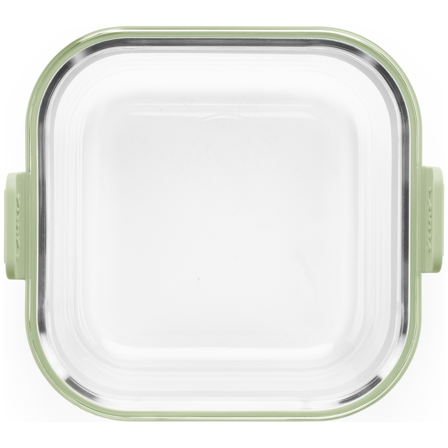 A clear, square glass container with a light green rim and handles. It is empty and sits on a white background.