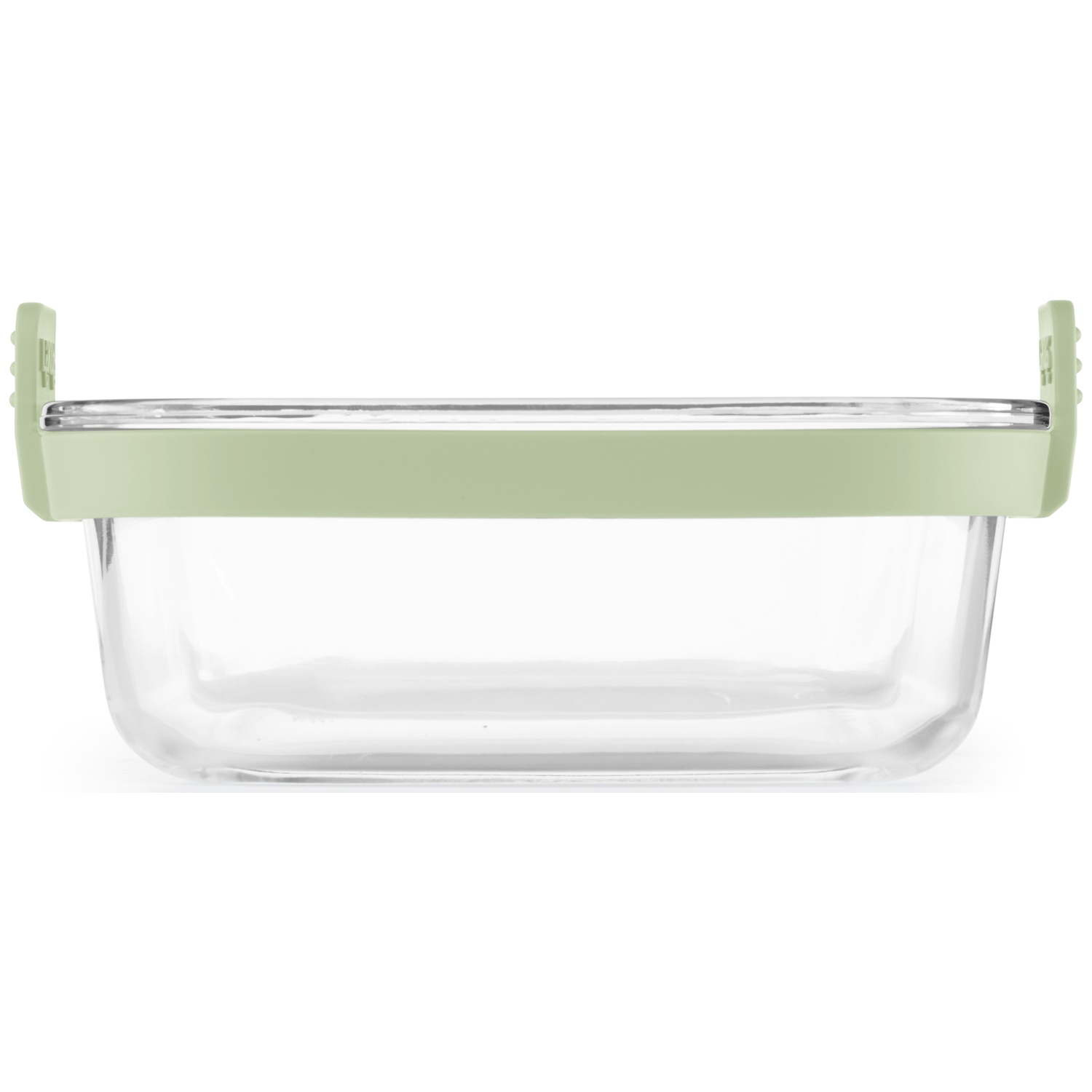 A rectangular glass container with a light green lid and handles. The background is plain white.