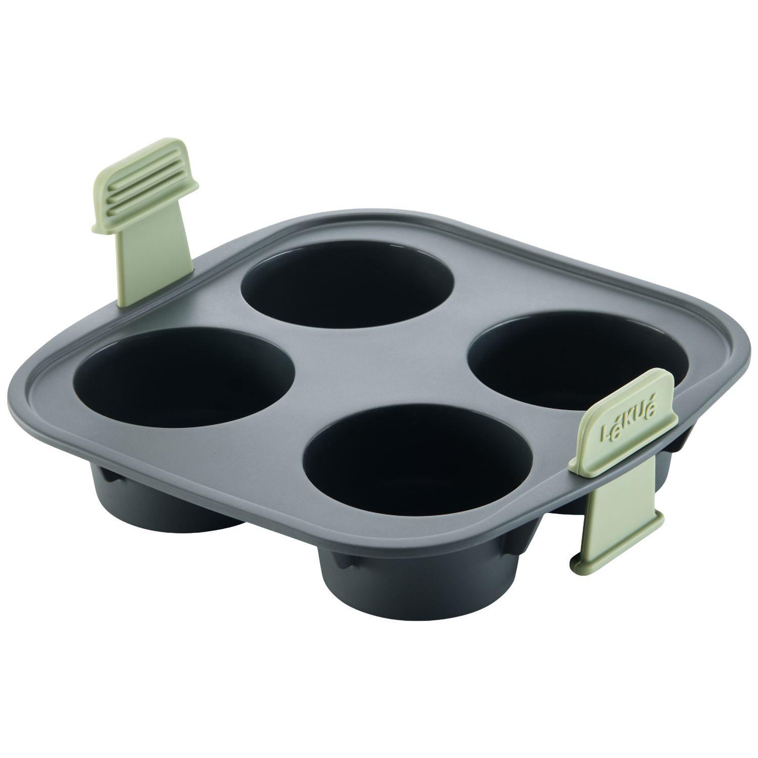 Un moule à pâtisserie en silicone gris avec quatre tasses circulaires et deux poignées vert clair. La marque est visible.