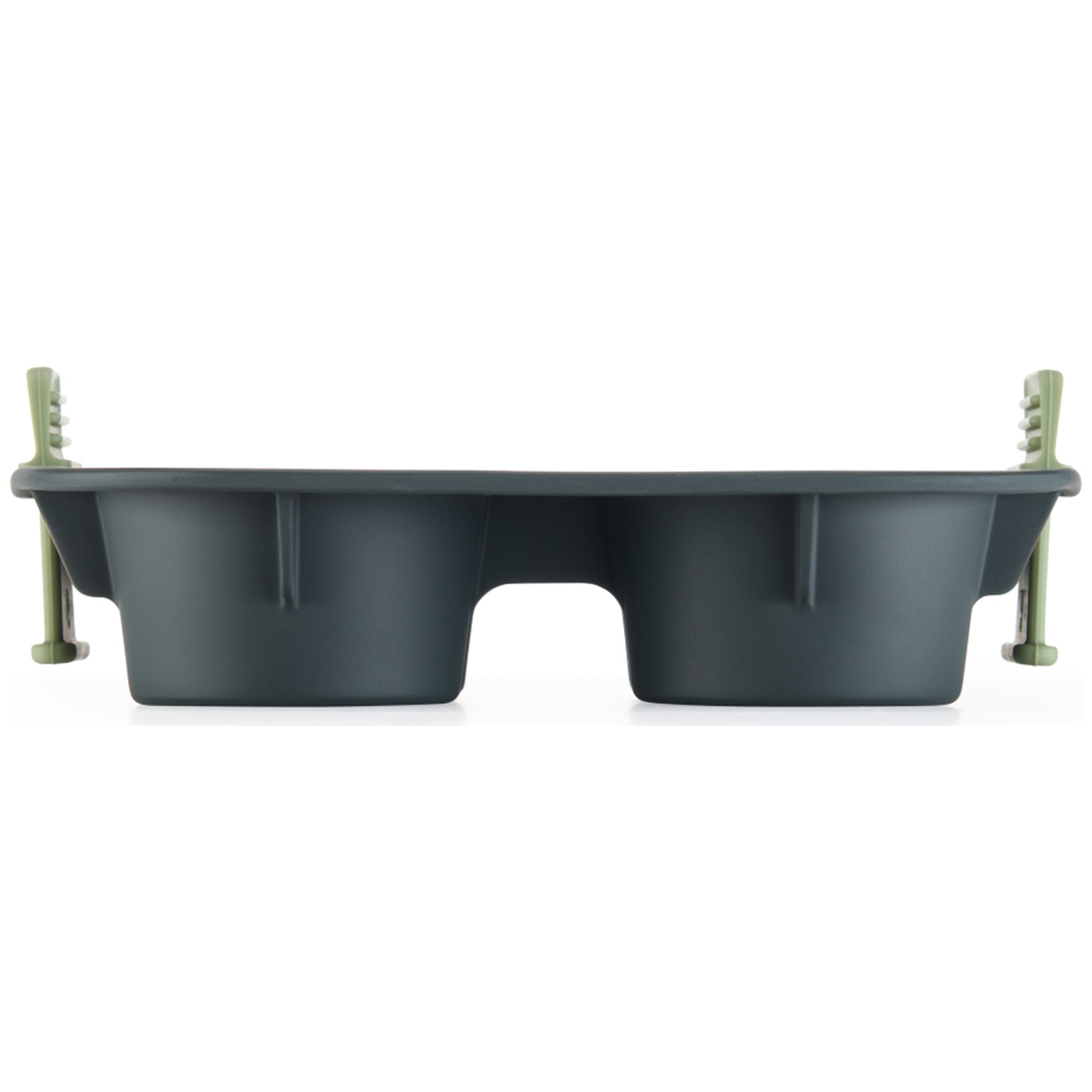 Une jardinière en plastique gris foncé avec deux compartiments et des supports verts sur fond blanc.