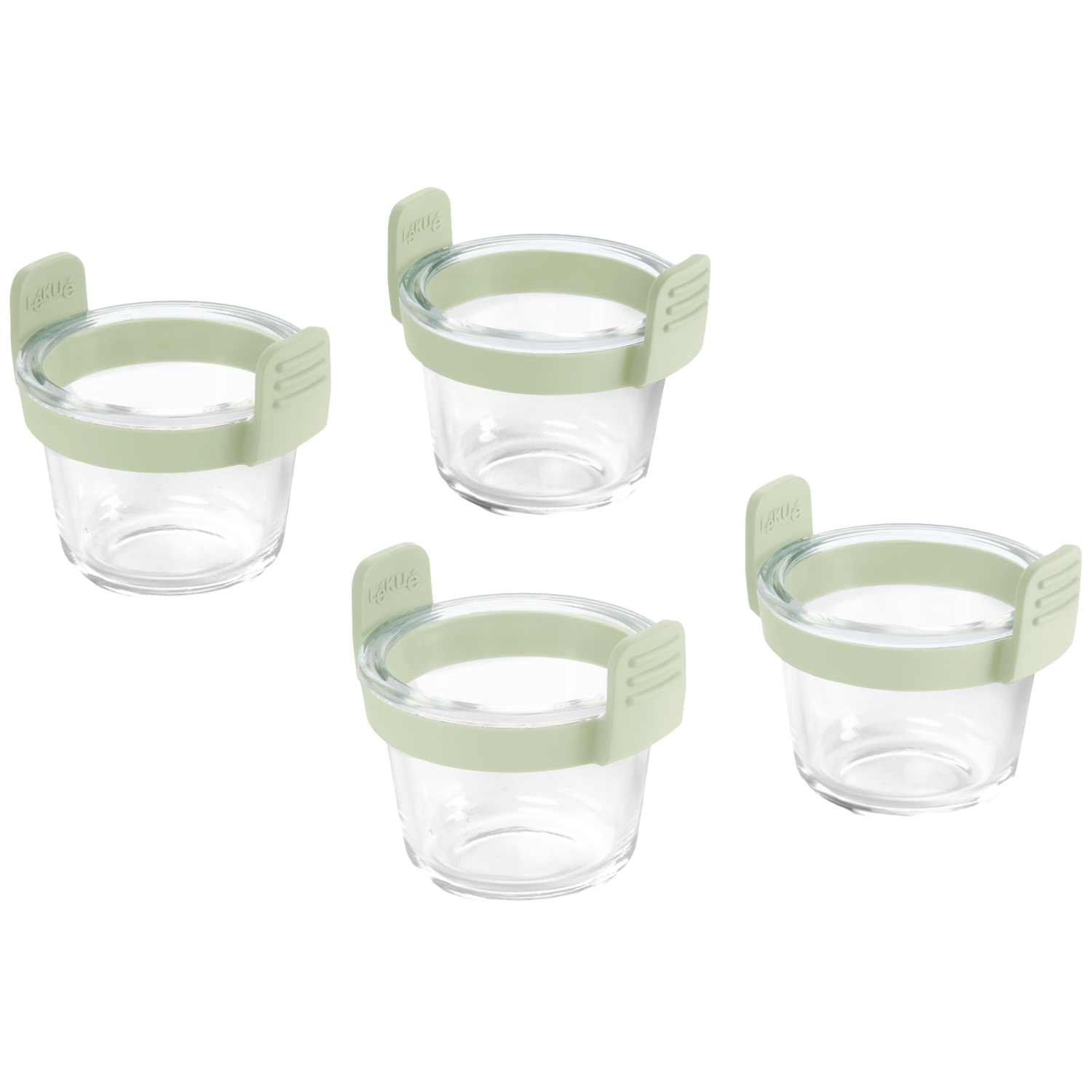 Vier doorzichtige glazen bakjes met lichtgroene ringen en handvatten. De bakjes zijn leeg, op een witte achtergrond.