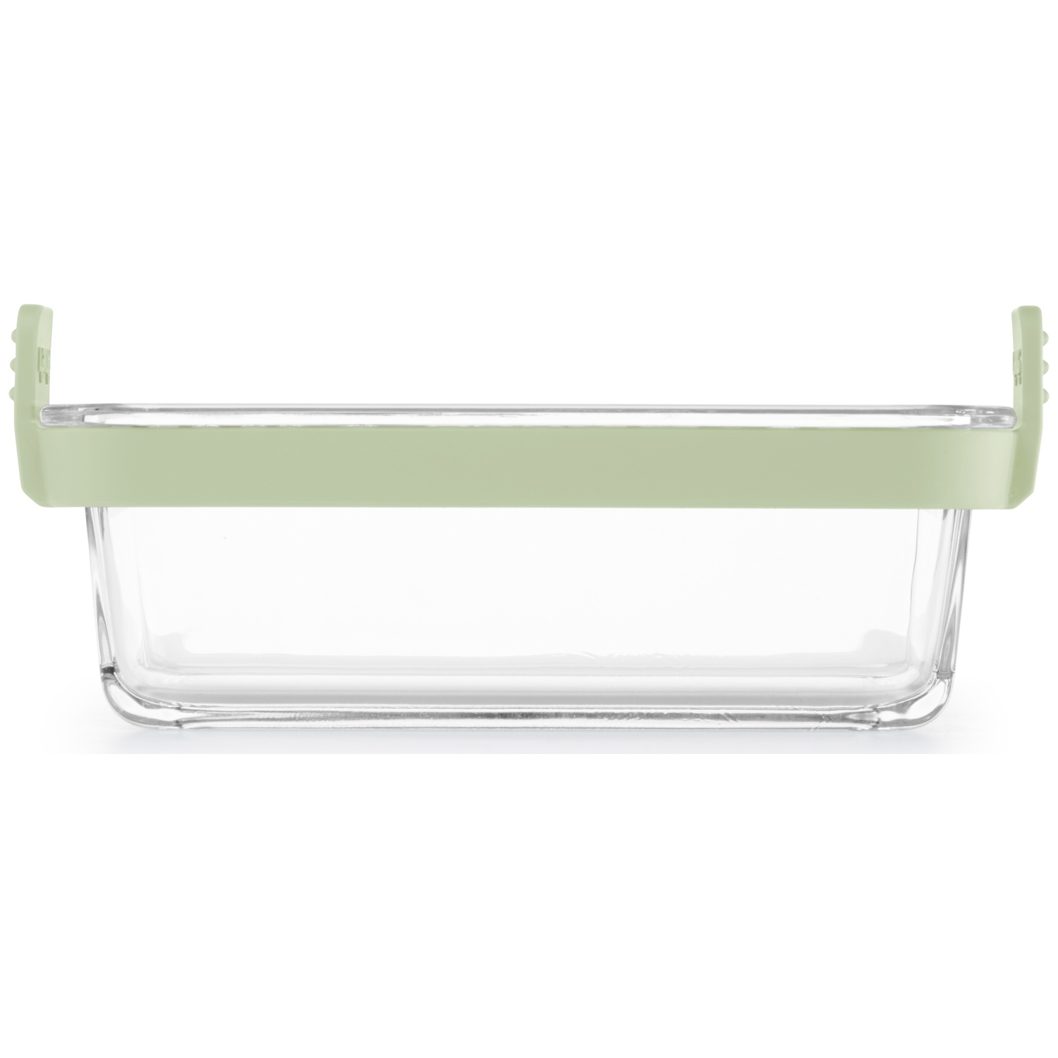 A rectangular glass container with a light green rim and handles, set against a white background.