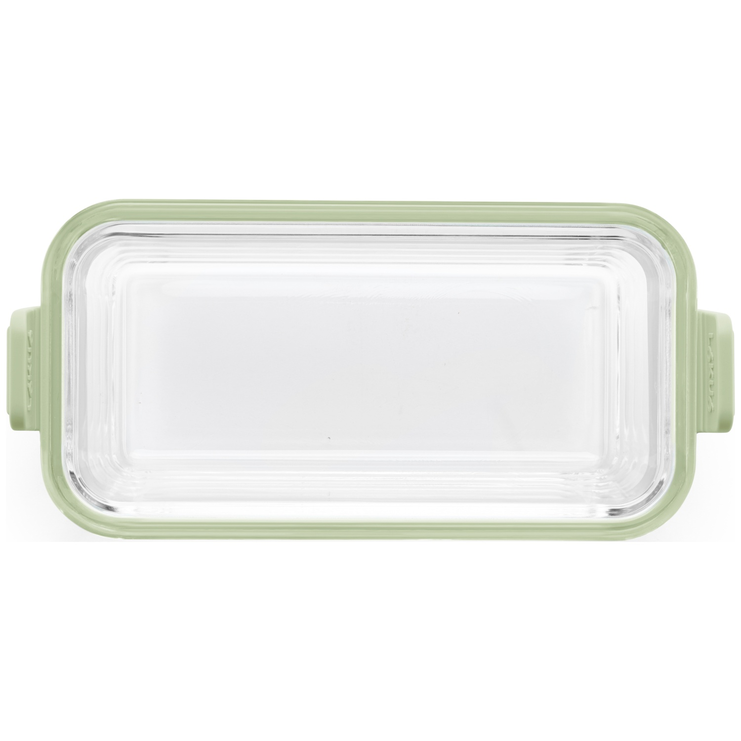 A rectangular glass food container with a pale green lid and handles, set against a white background.