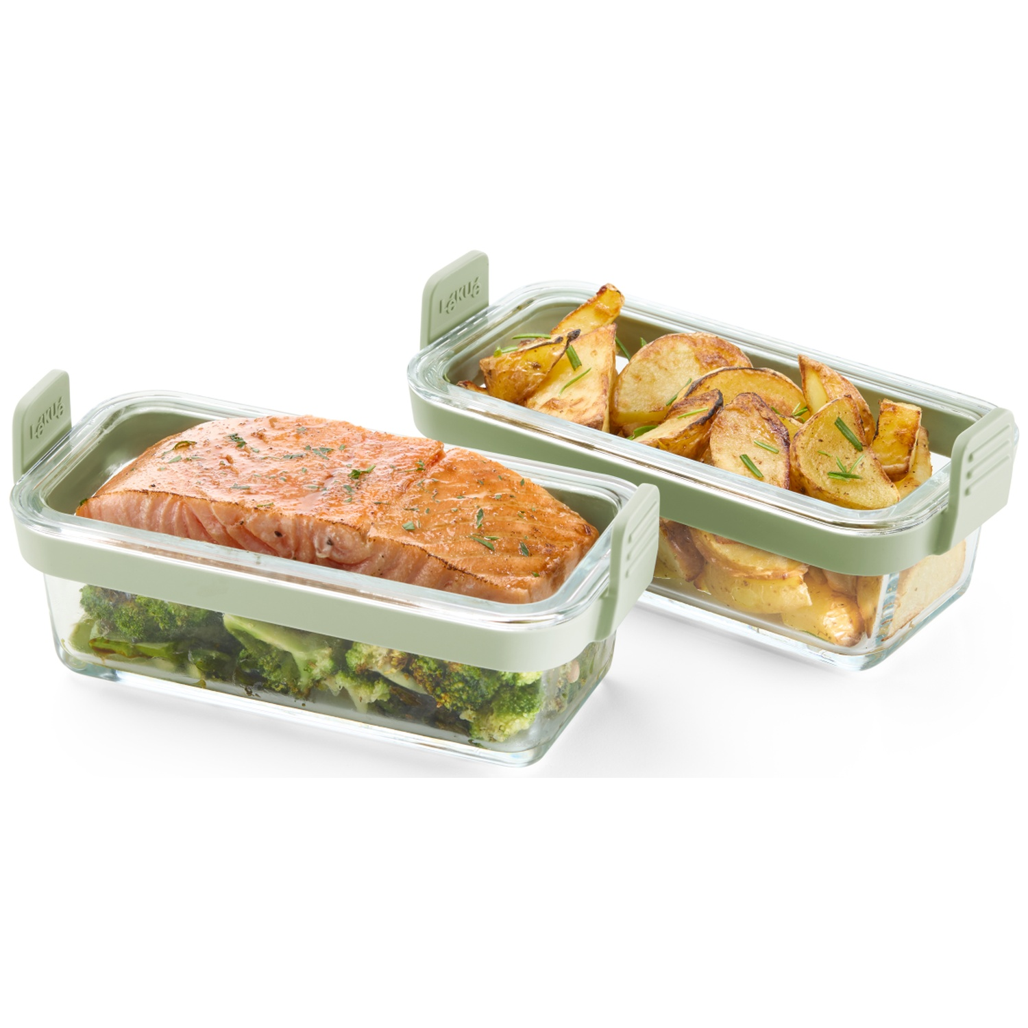 Two glass food containers. One has salmon over broccoli. The other has roasted potatoes. Both have green lids.