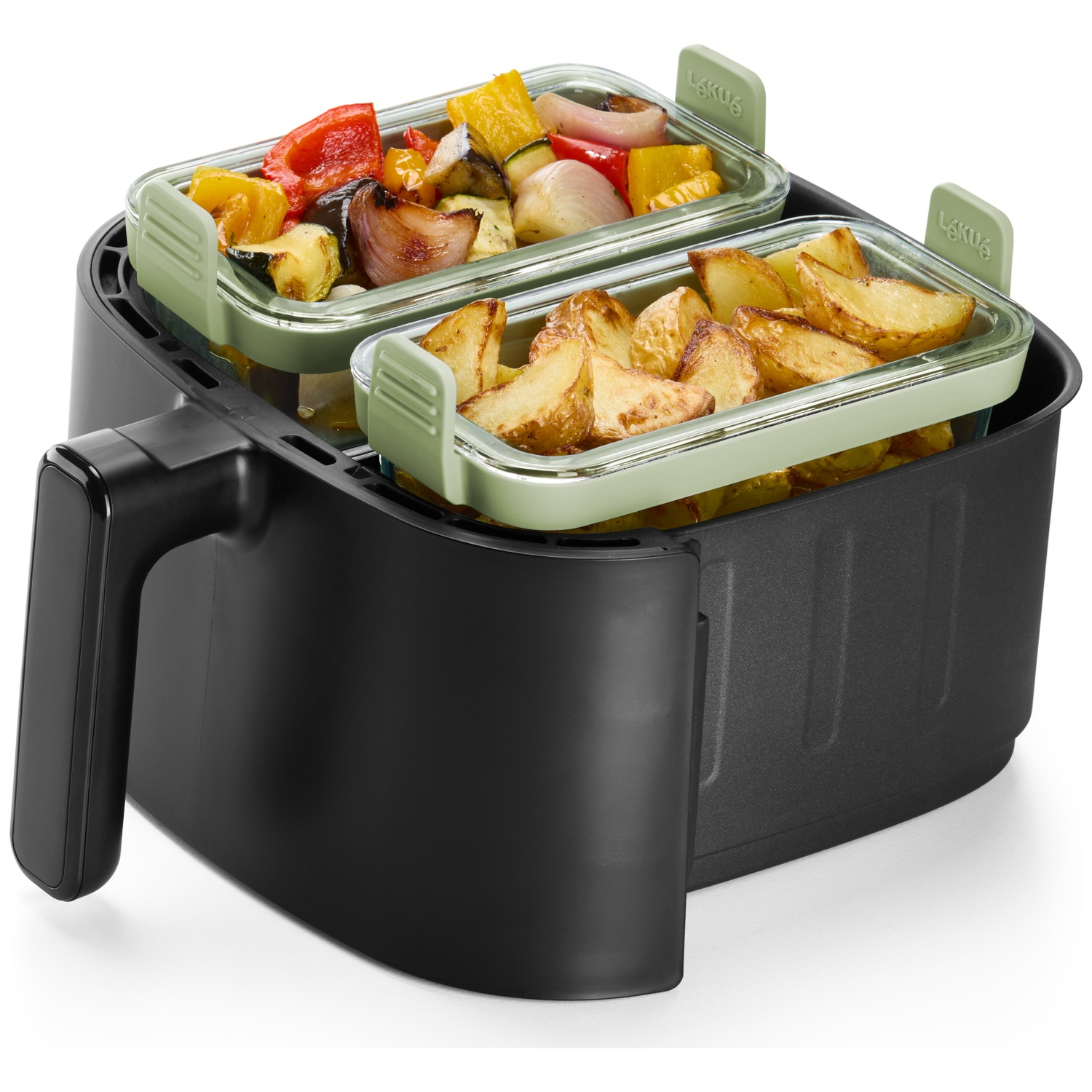 Black air fryer with two containers of roasted vegetables and potatoes. Containers are light green.