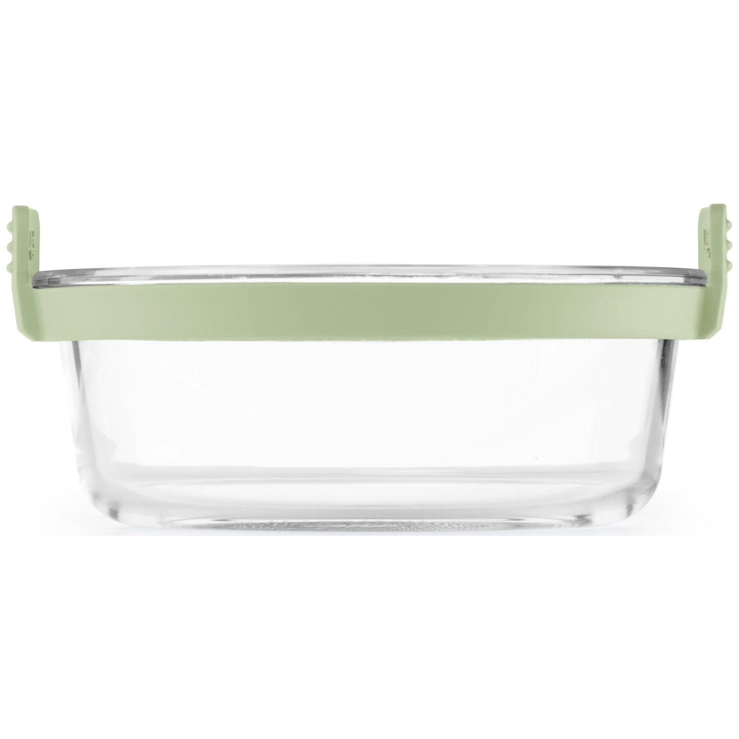 A rectangular glass container with a light green rim and handles. The background is white.