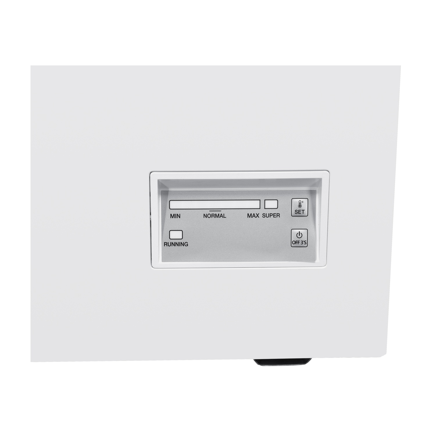 Pannello di controllo elettrodomestico bianco. Mostra: Min, Normal, Max Super, Set, Running e Off 3s. Il pannello è grigio con testo bianco.