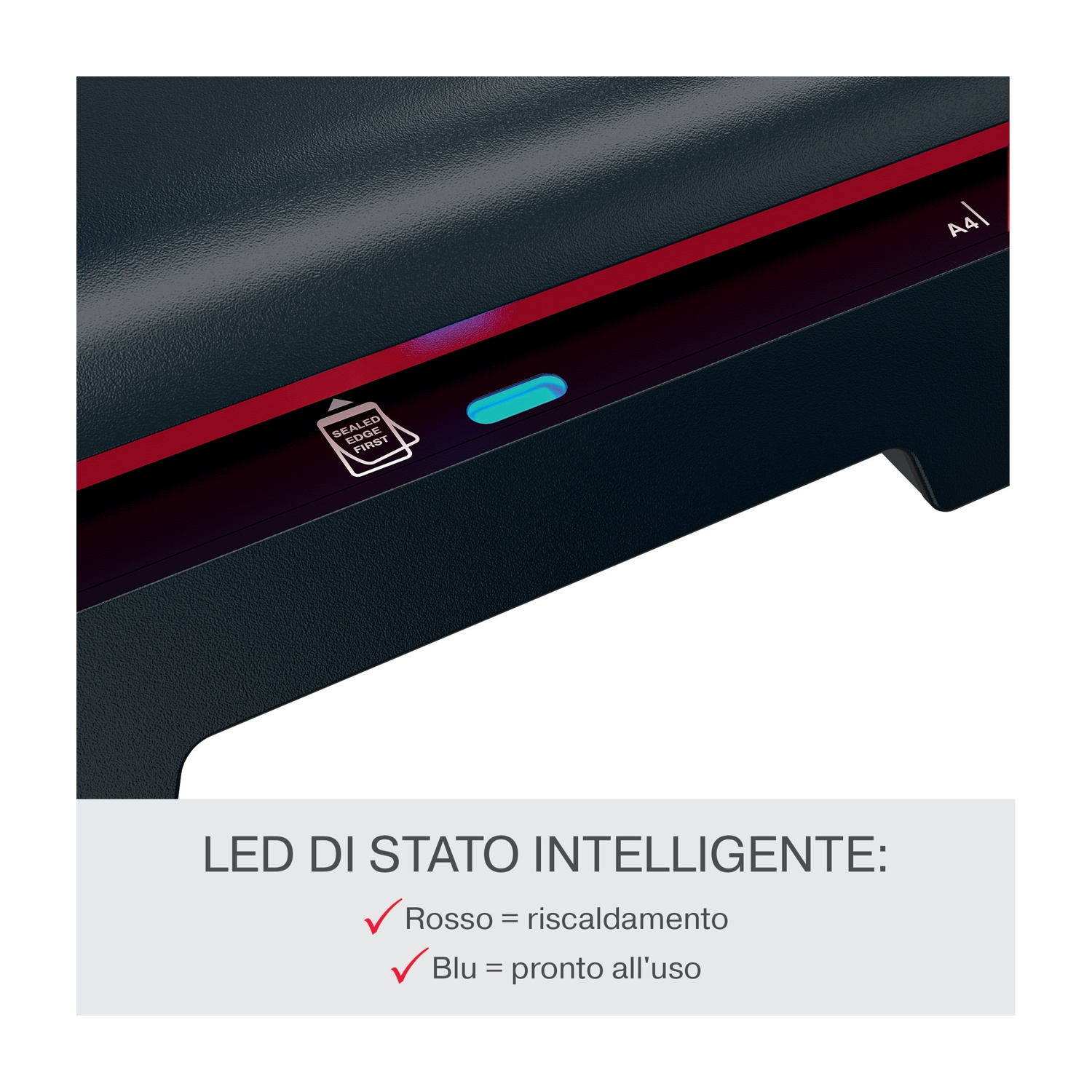 Un primo piano di un dispositivo scuro con una striscia rossa. Ha una luce blu e il testo: 'SEALED EDGE FIRST'. Il testo descrive lo stato del LED.