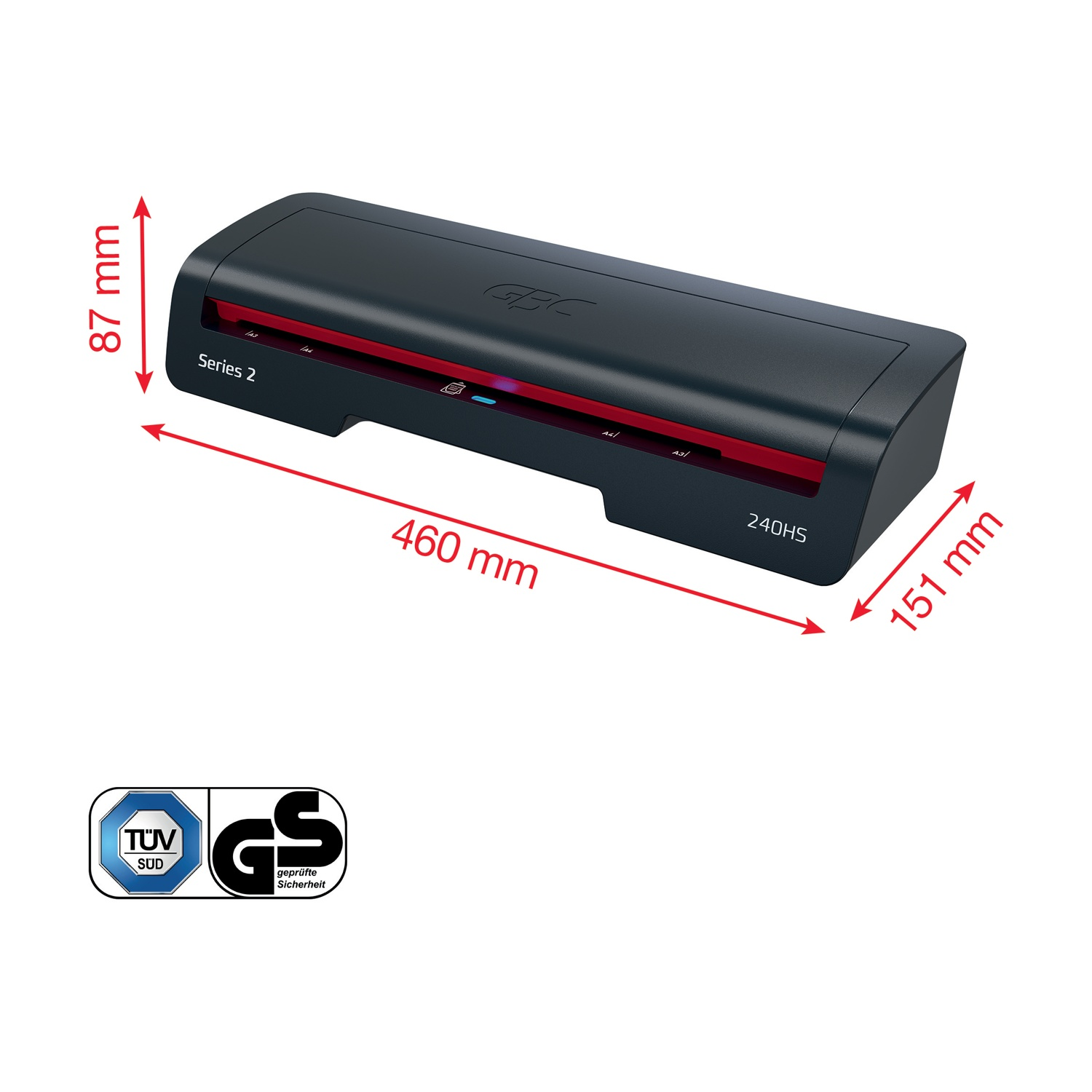 Una plastificatrice nera GBC Serie 2 con accenti rossi, dimensioni indicate. Include i loghi TÜV SÜD e GS.
