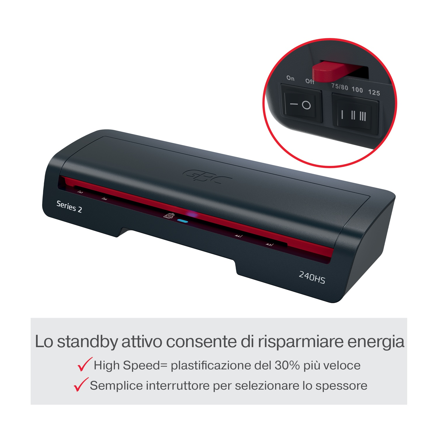 Una plastificatrice nera con dettagli rossi ha impostazioni di alimentazione e spessore. Un interruttore rosso è evidenziato. Il testo indica funzioni di risparmio energetico.
