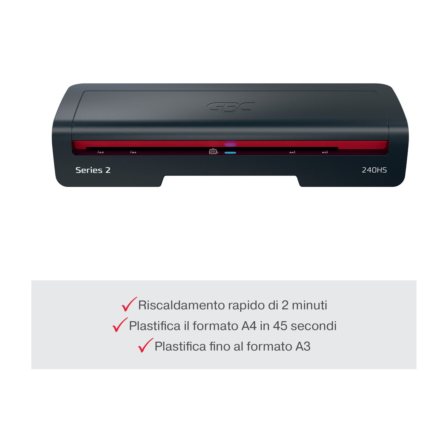 Una plastificatrice nera GBC Series 2 240HS. Ha una fessura rossa e una scatola bianca con testo italiano.