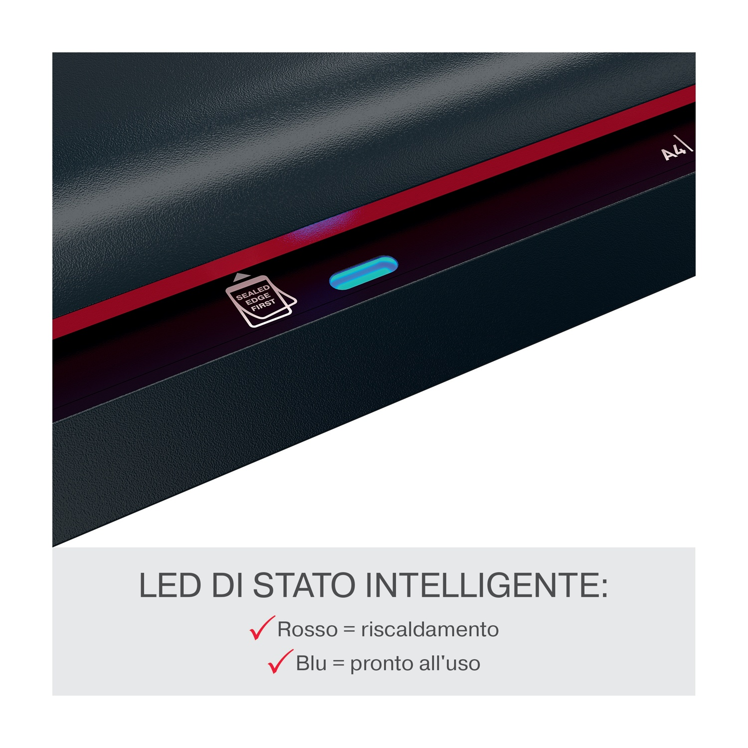 Primo piano di un oggetto scuro con una linea rossa e una luce blu. Il testo indica rosso per il riscaldamento e blu per pronto.