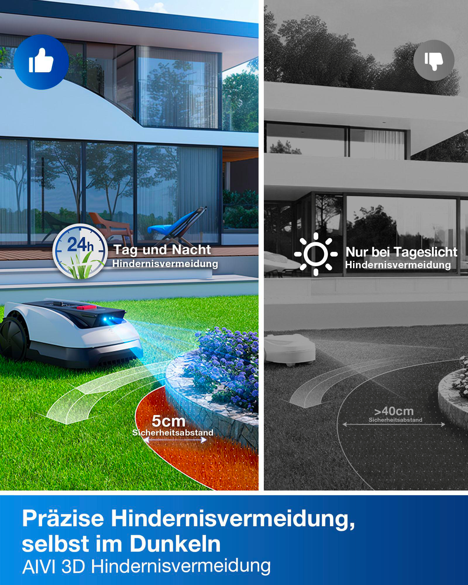 Das Bild zeigt einen Rasenmäher, ein Haus und Text auf Deutsch, der Hindernisvermeidung Tag und Nacht bewirbt.