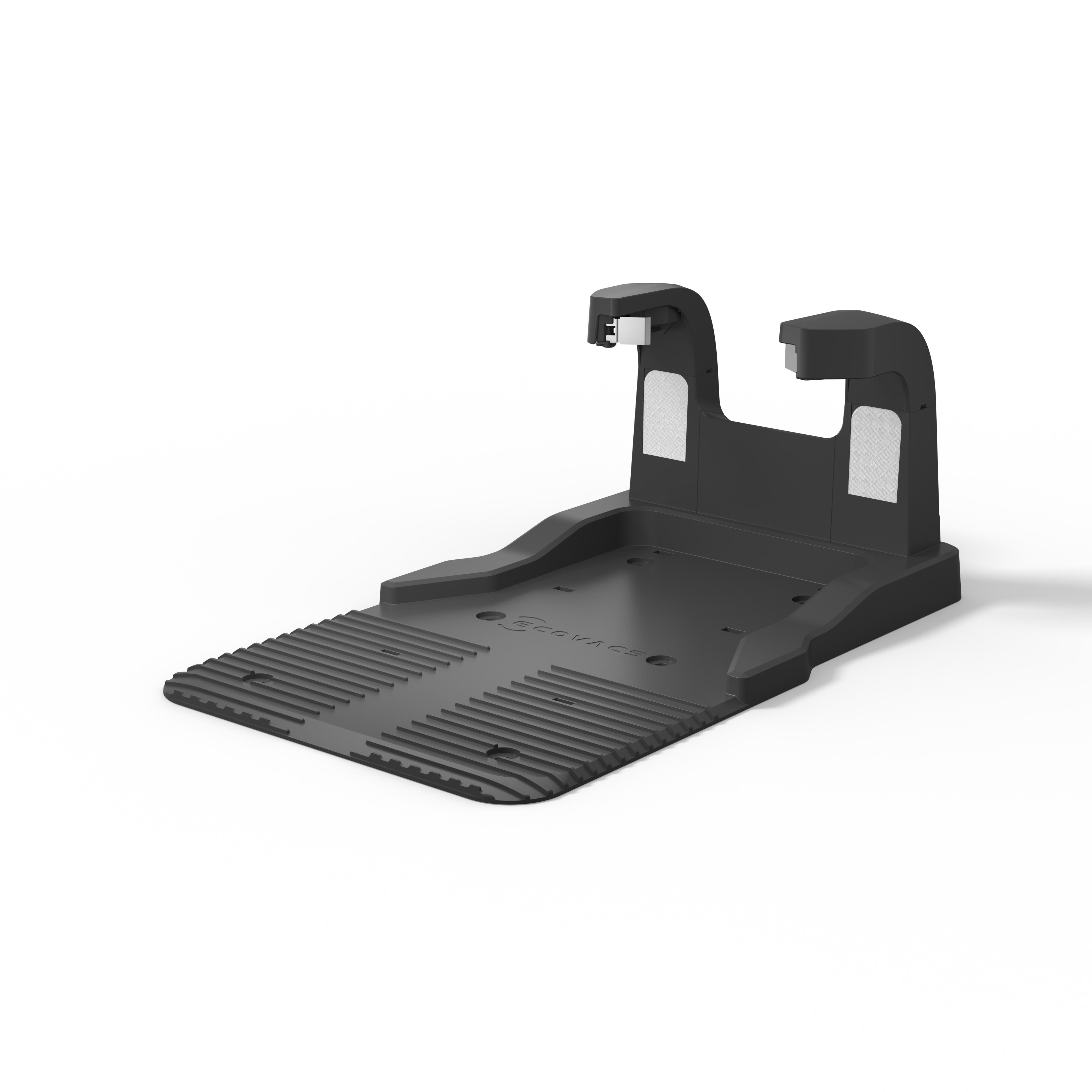 Schwarze Dockingstation mit strukturierter Basis und zwei aufrechten Stützen, weißer Hintergrund.