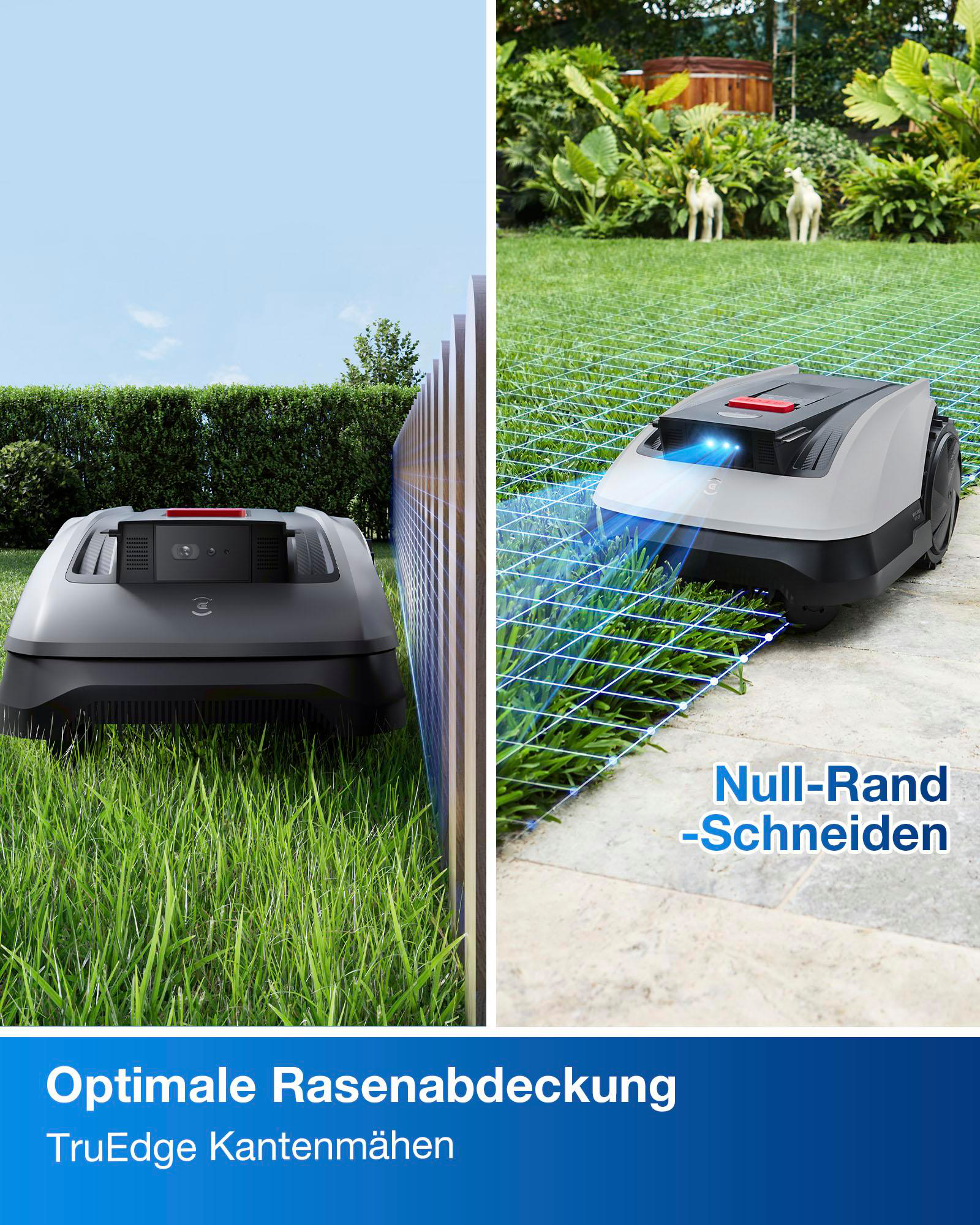 Mähroboter auf Rasen und Terrasse. Einer ist dunkelgrau, einer hellgrau. Zaun und Büsche sind im Hintergrund.