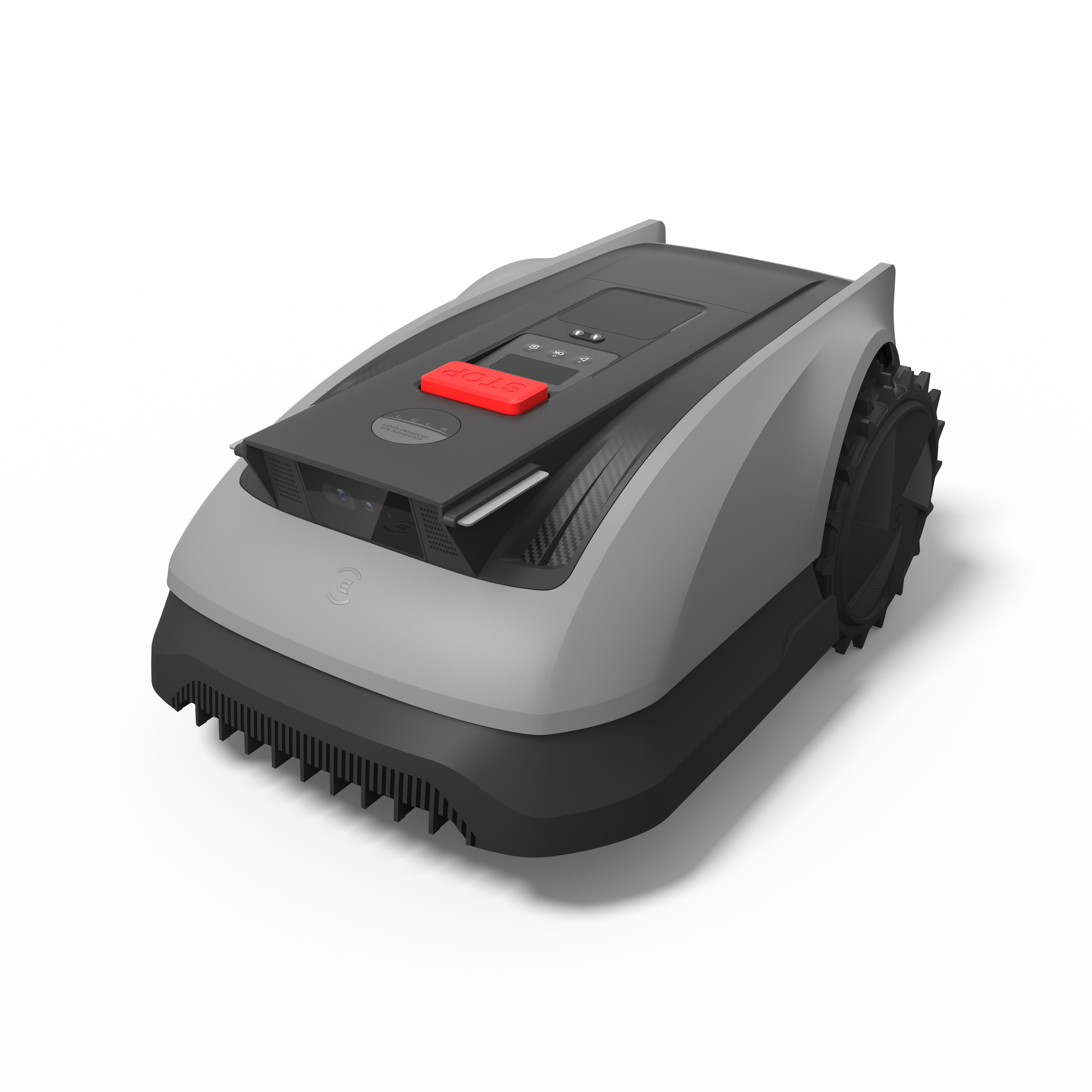 Ein Roboter-Rasenmäher vor weißem Hintergrund. Er ist grau und schwarz mit einem roten Stopp-Knopf.