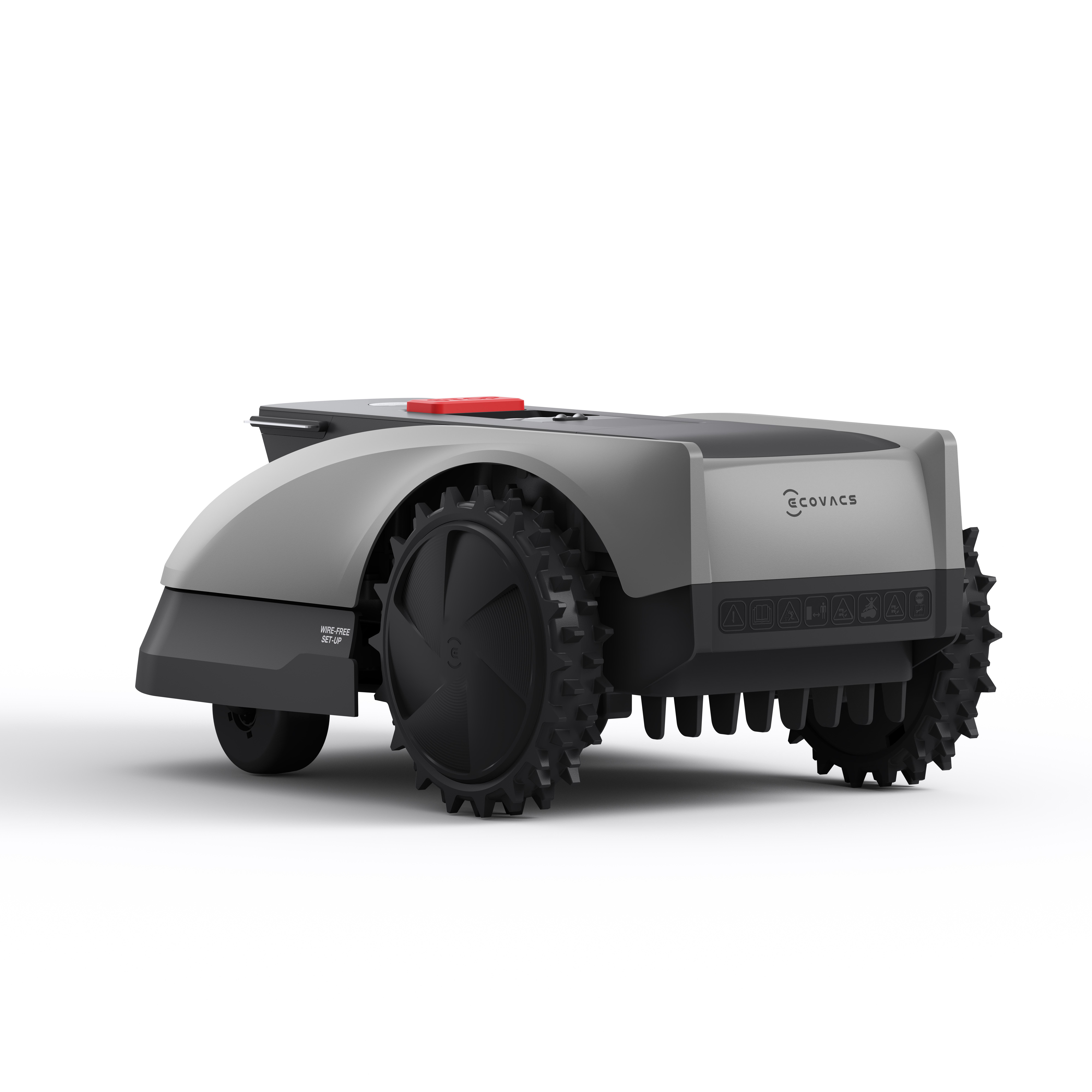 Ein grauer und schwarzer Roboter-Rasenmäher. Er hat große Räder und einen roten Knopf oben. Der Hintergrund ist weiß.