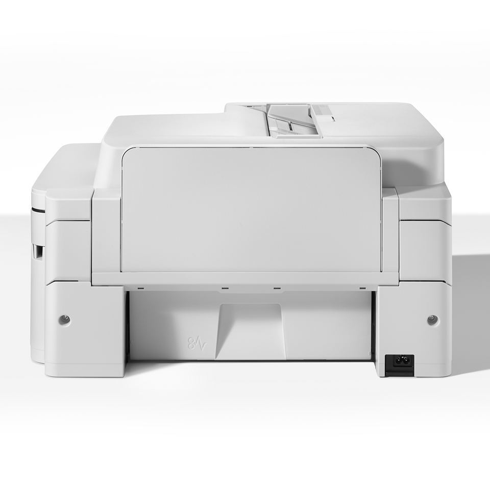 Een witte printer op een witte achtergrond. De printer heeft een rechthoekige vorm met diverse compartimenten en een voedingspoort.