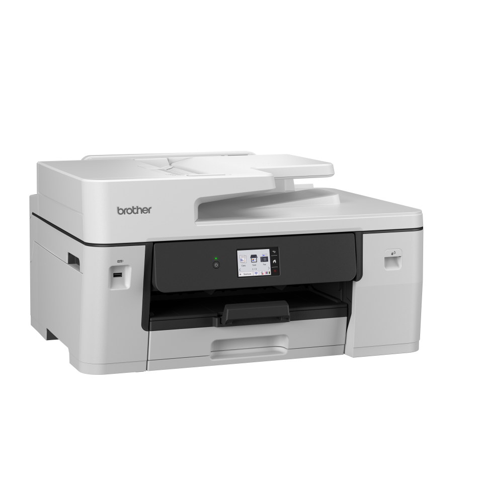 Een witte Brother multifunctionele printer. Het heeft een flatbed scanner, een bedieningspaneel en een papierlade. Het Brother-logo is zichtbaar.
