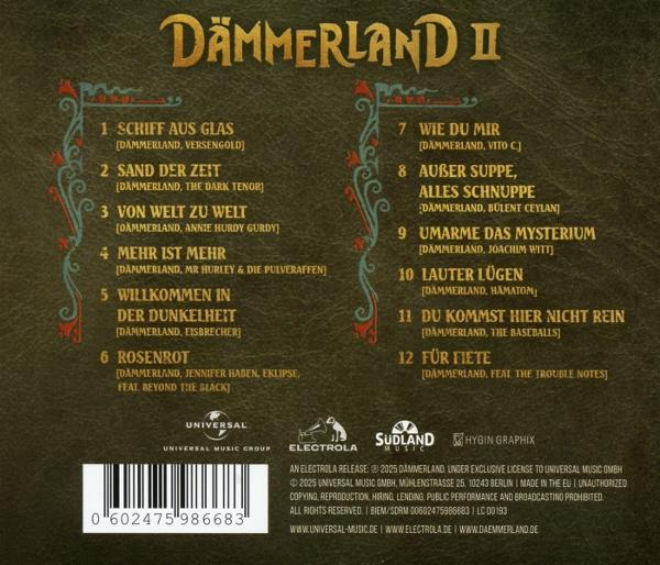 CD-Cover. Titel: Dämmerland II. Enthält Songs und Credits. Dunkelgrüner Hintergrund mit goldenem Text und Dekorationen.