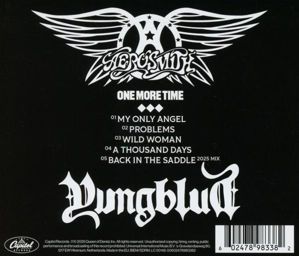 Albumcover mit Aerosmith-Logo und Titelliste. Schwarzer Hintergrund mit weißem Text. Titel: ONE MORE TIME. Künstler: Yungblud.