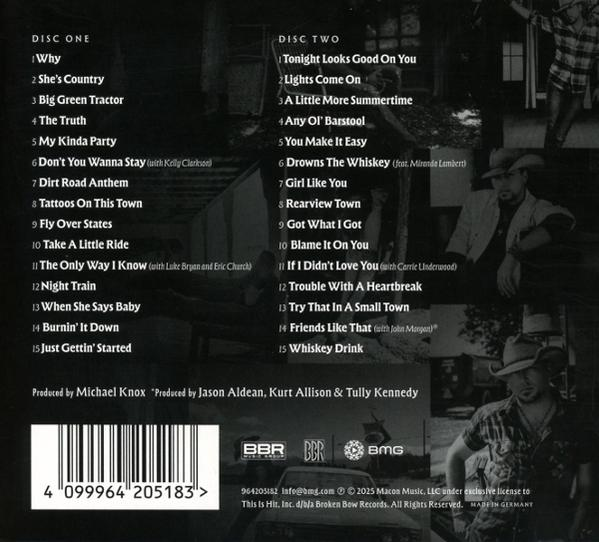 Albumcover mit Titellisten, Künstlerbildern und einem Barcode. Zeigt zwei Männer mit Cowboyhüten und ein Auto.
