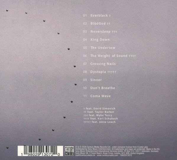 Albumcover mit Titelliste. Grauer Hintergrund mit Titeln und Credits. Schwarze Punkte und ein Barcode sind sichtbar.