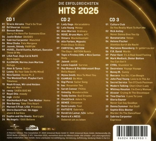 Albumcover: Hits 2025. Listen von Songs und Künstlern auf drei CDs, mit Universal- und Polystar-Logo.