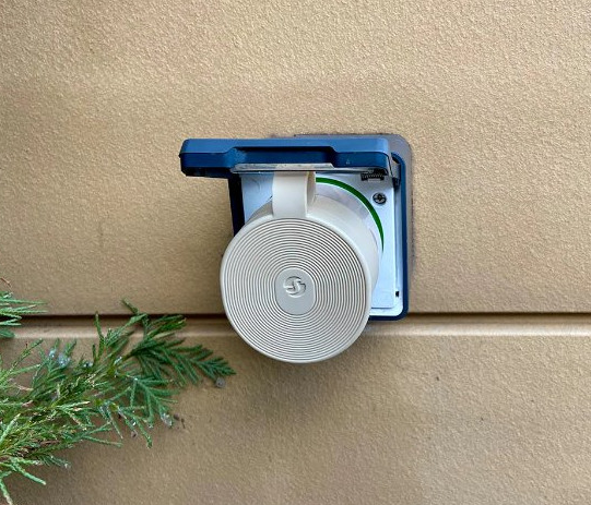 Beżowa ładowarka elektryczna zamontowana na beżowej ścianie. Zielona gałązka po lewej stronie. Ładowarka jest biało-niebieska.