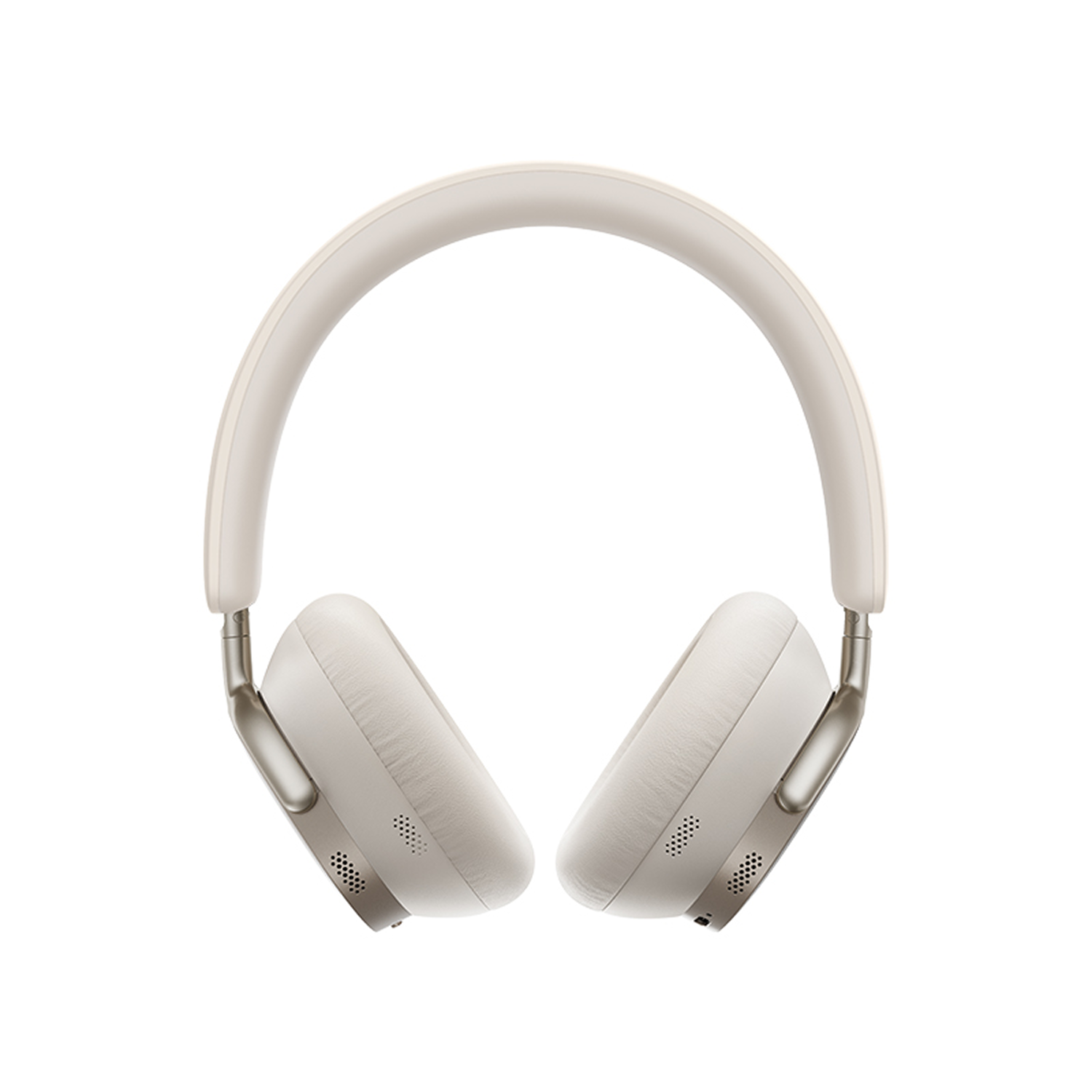 Auriculares supraaurales de color crema, aislados sobre blanco. La diadema se arquea sobre la parte superior, con auriculares en cada extremo.