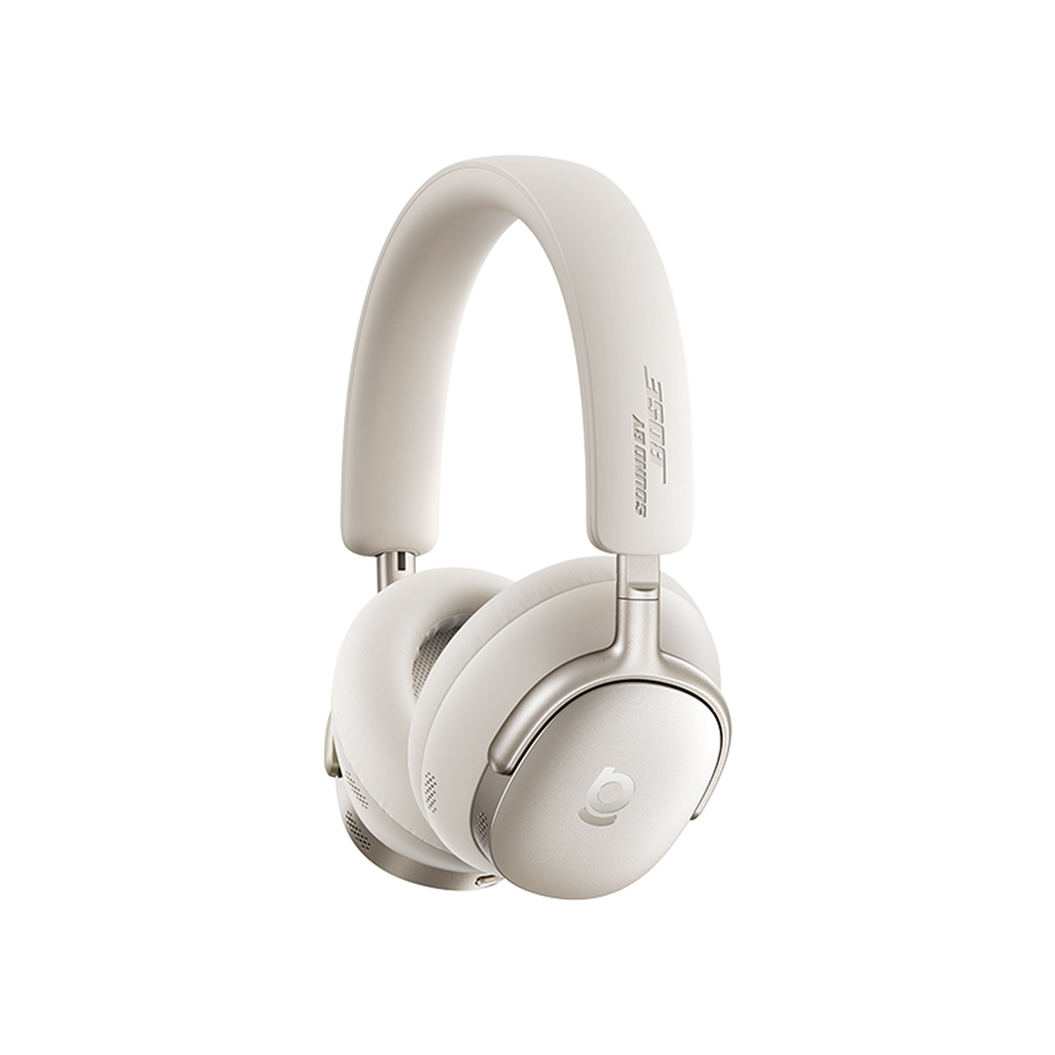 Auriculares Bose de color crema. Los auriculares tienen orejeras, una diadema y el logotipo de Bose. El fondo es blanco liso.