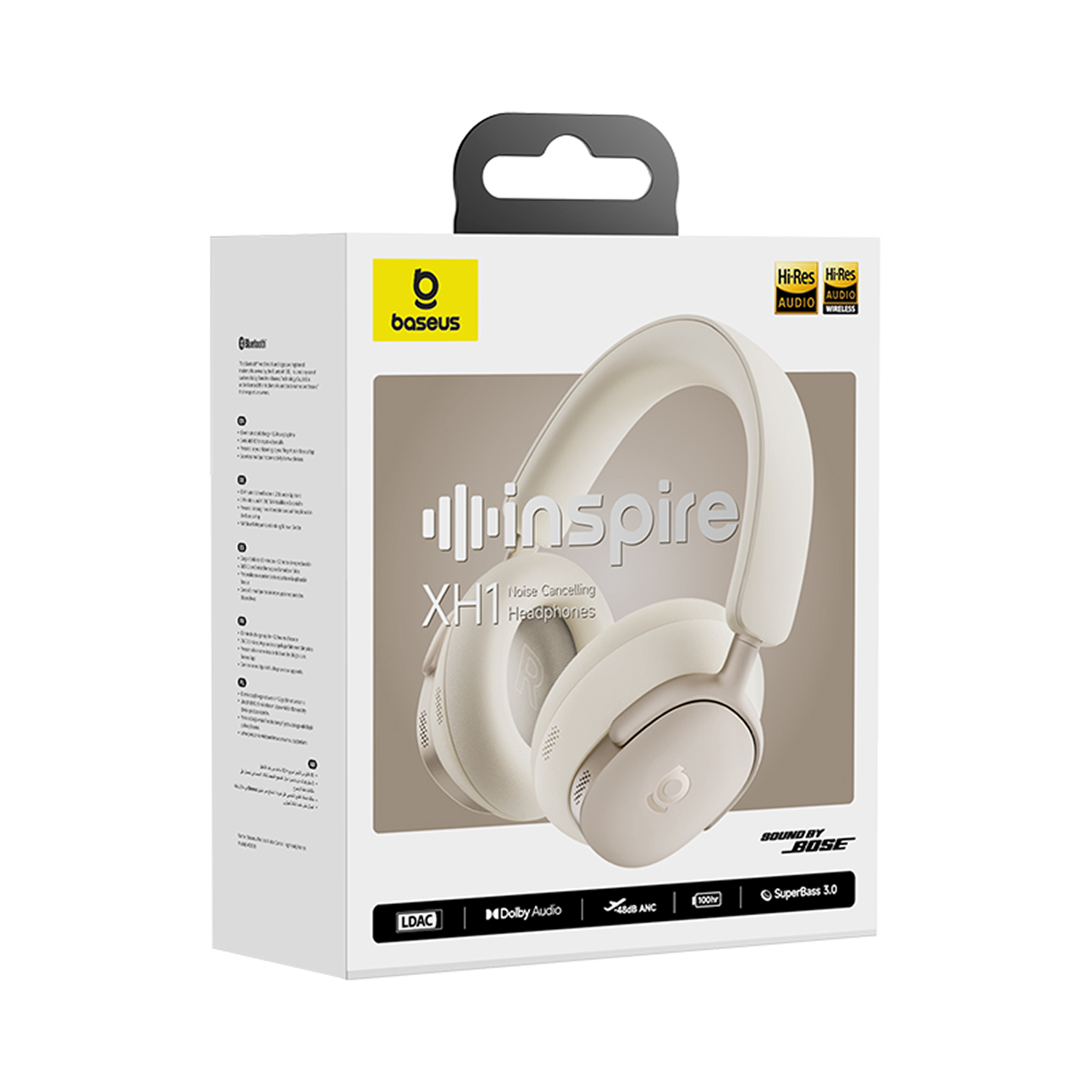 Auriculares Baseus XH1 en caja. Auriculares blancos en una caja blanca y beige. El texto incluye 'inspire', 'Noise Cancelling' y 'Bose'.