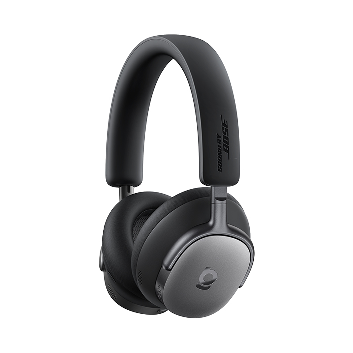 Auriculares Bose negros sobre fondo blanco. Los auriculares tienen una orejera gris con el logotipo de Bose y una diadema negra.