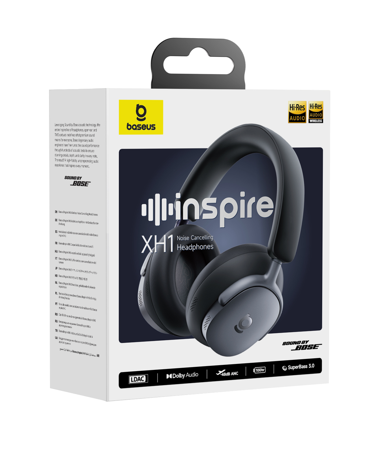 Auriculares con cancelación de ruido Baseus XH1 en una caja. Características: Dolby Audio, Hi-Res audio y SuperBass 3.0.