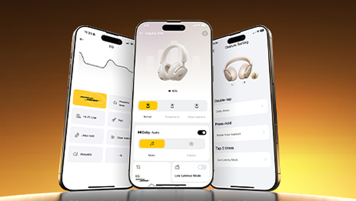 Tres smartphones muestran interfaces de aplicaciones de auriculares. Uno muestra la configuración del ecualizador, otro detalles de los auriculares y el último, ajustes personalizados.