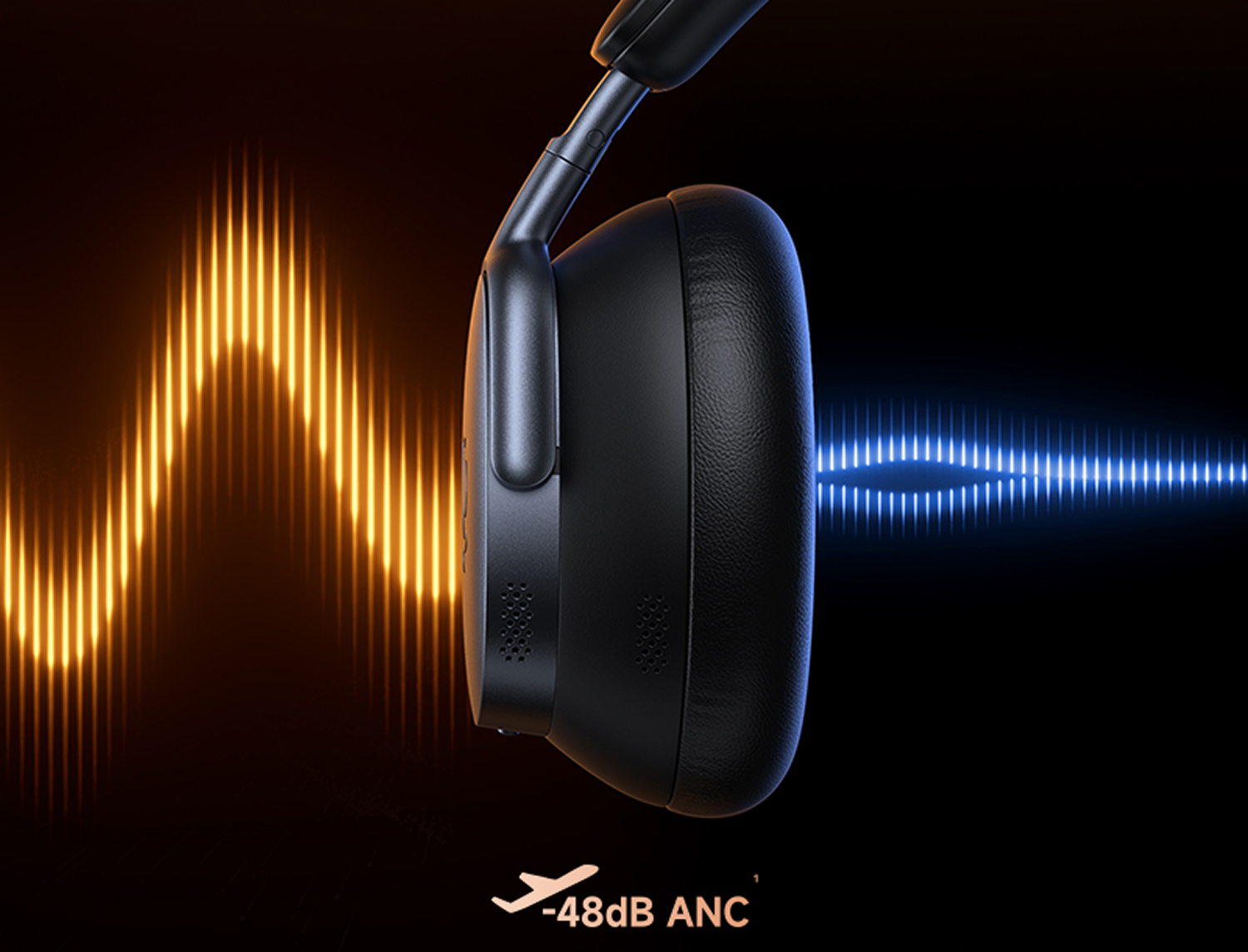 Auriculares negros con visualizaciones de ondas sonoras, naranja a la izquierda y azul a la derecha, y texto -48dB ANC.