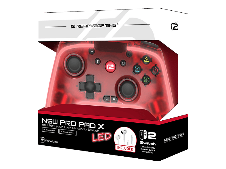 READY2GAMING Pro Pad X - LED Edition (+In-Ear Kopfhörer) Wireless Controller Transparent/Rot für Nintendo Switch 2, Switch, PC