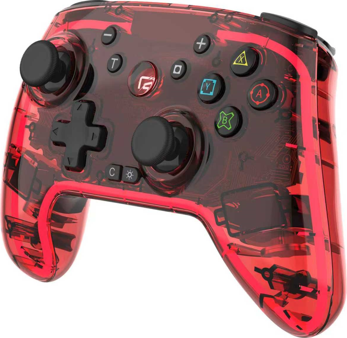 Un controller di gioco rosso trasparente. Ha joystick e pulsanti neri. Sono visibili i dettagli dei circuiti interni.