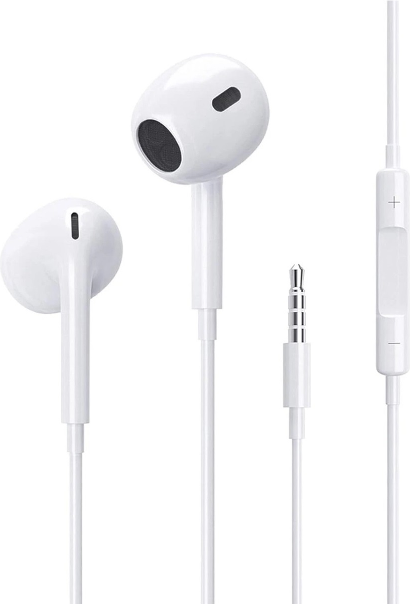 Auricolari bianchi con modulo di controllo e jack da 3,5 mm su sfondo bianco. Gli auricolari servono per ascoltare audio.