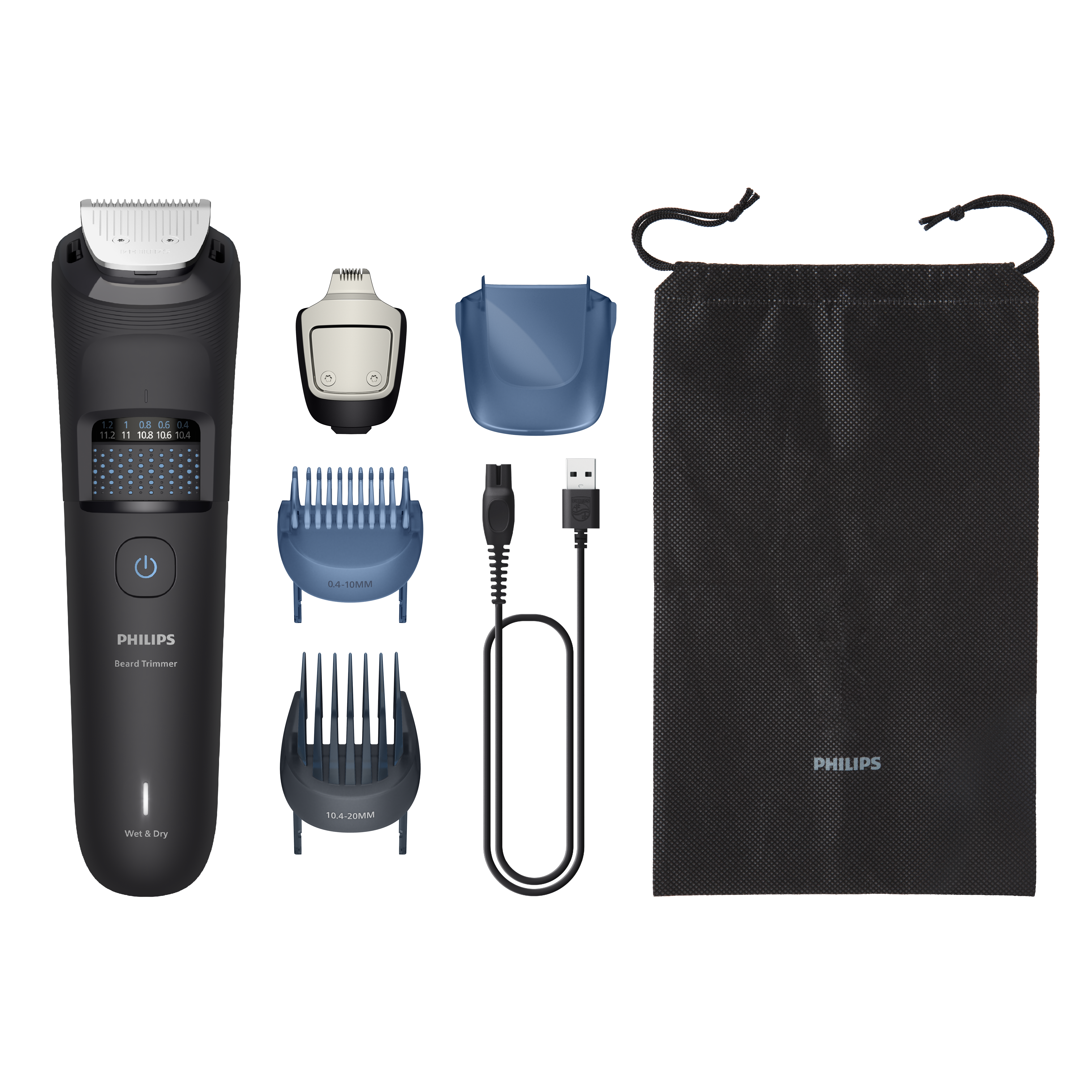 Ein Philips Bartschneider-Set mit Aufsätzen, einem Ladekabel und einer schwarzen Aufbewahrungstasche auf weißem Hintergrund.