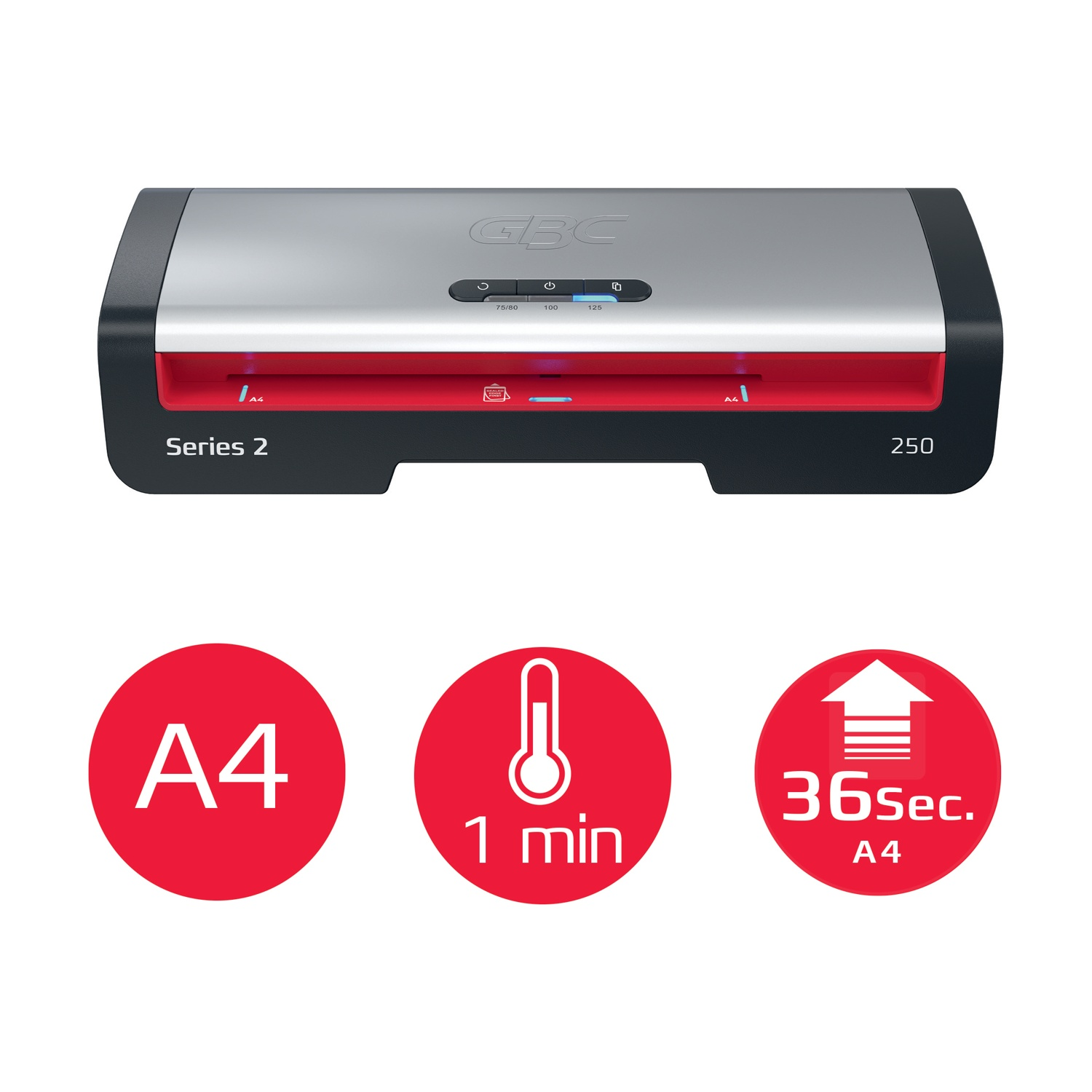 Una plastificatrice con dettagli rossi, la GBC Series 2 250, e cerchi rossi con A4, un termometro e testo 36 secondi A4.