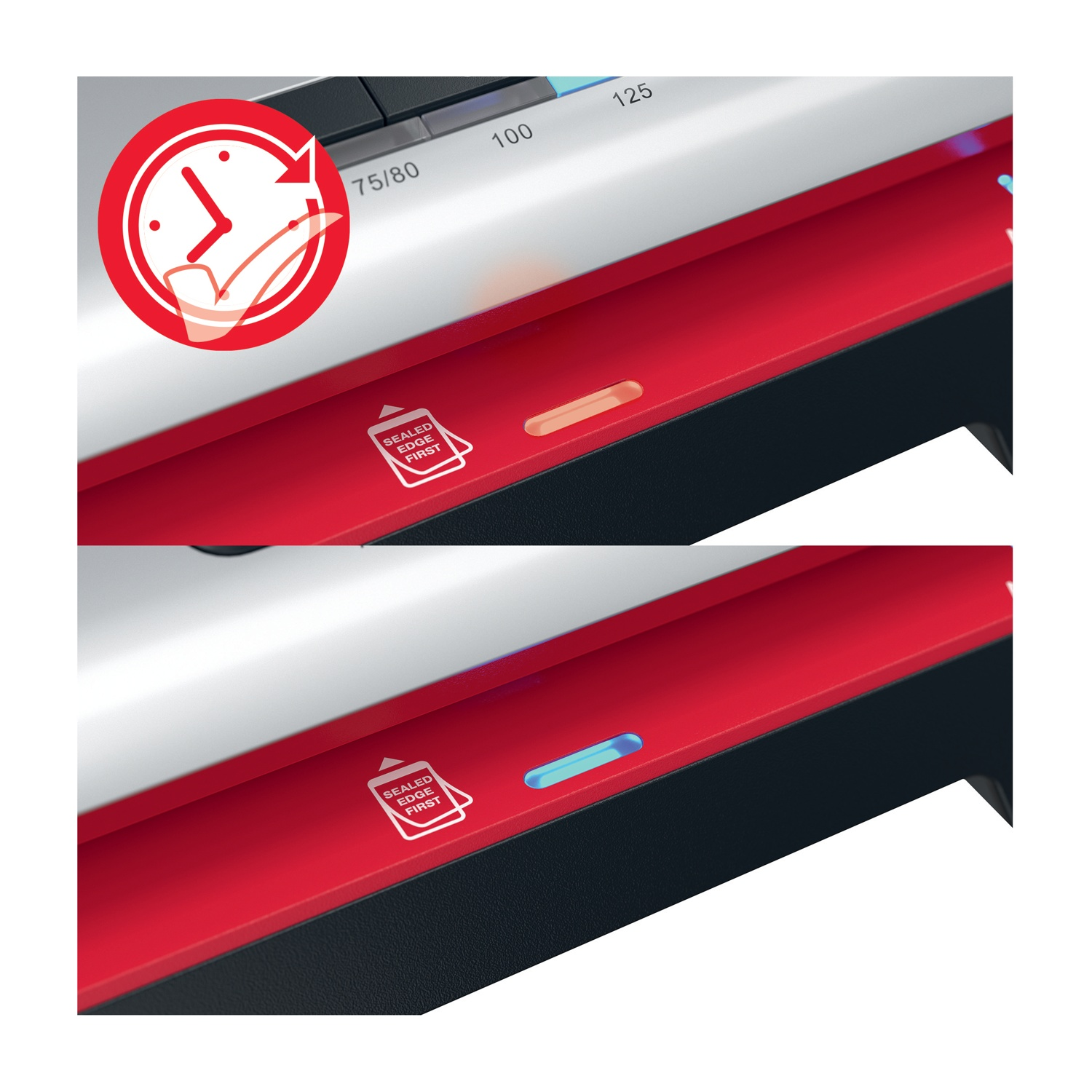 Primo piano di una plastificatrice. Corpo rosso e nero con luce arancione. Visibile un simbolo a forma di orologio con un segno di spunta.