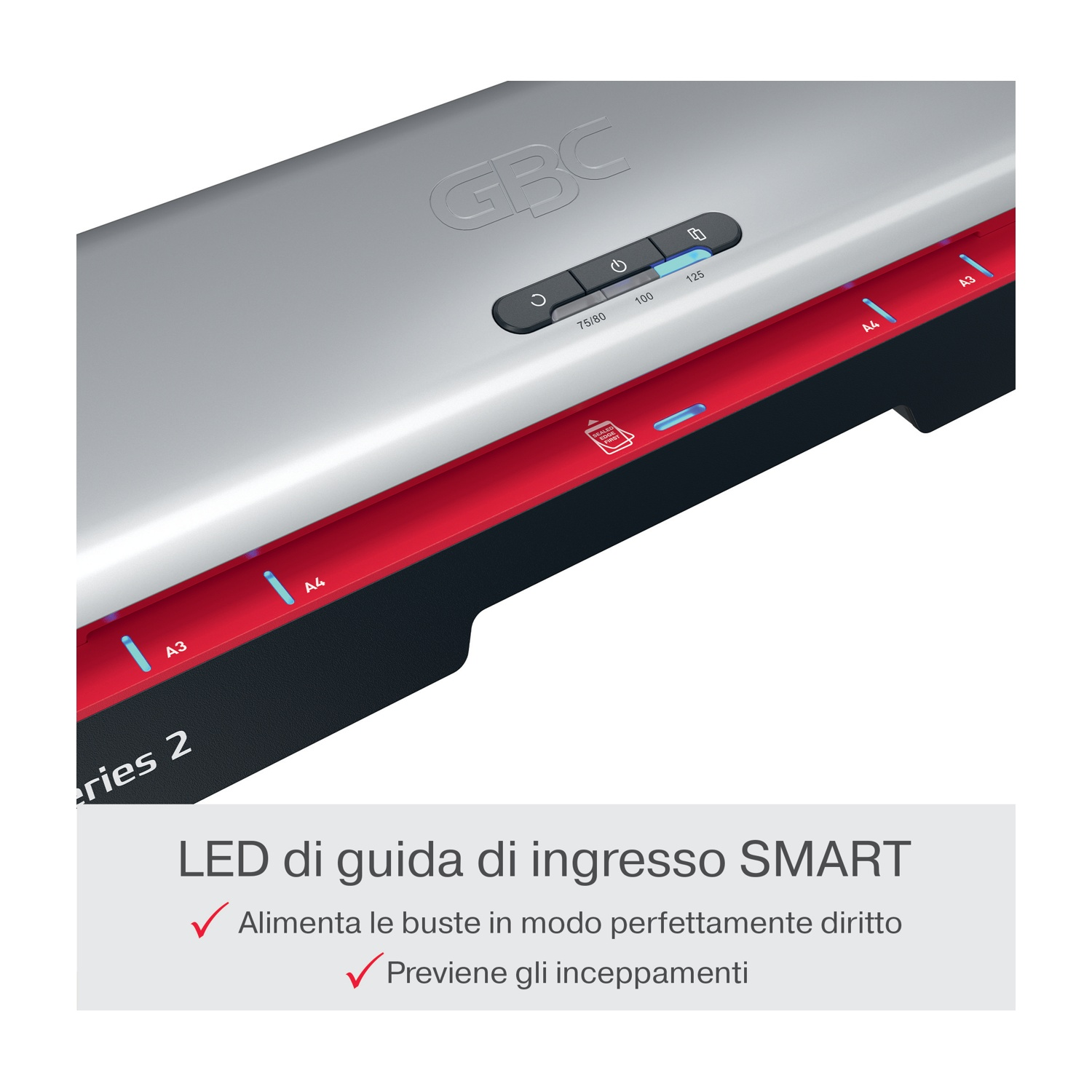 Una plastificatrice GBC argento e rossa con pulsanti illuminati e indicatori di formato.